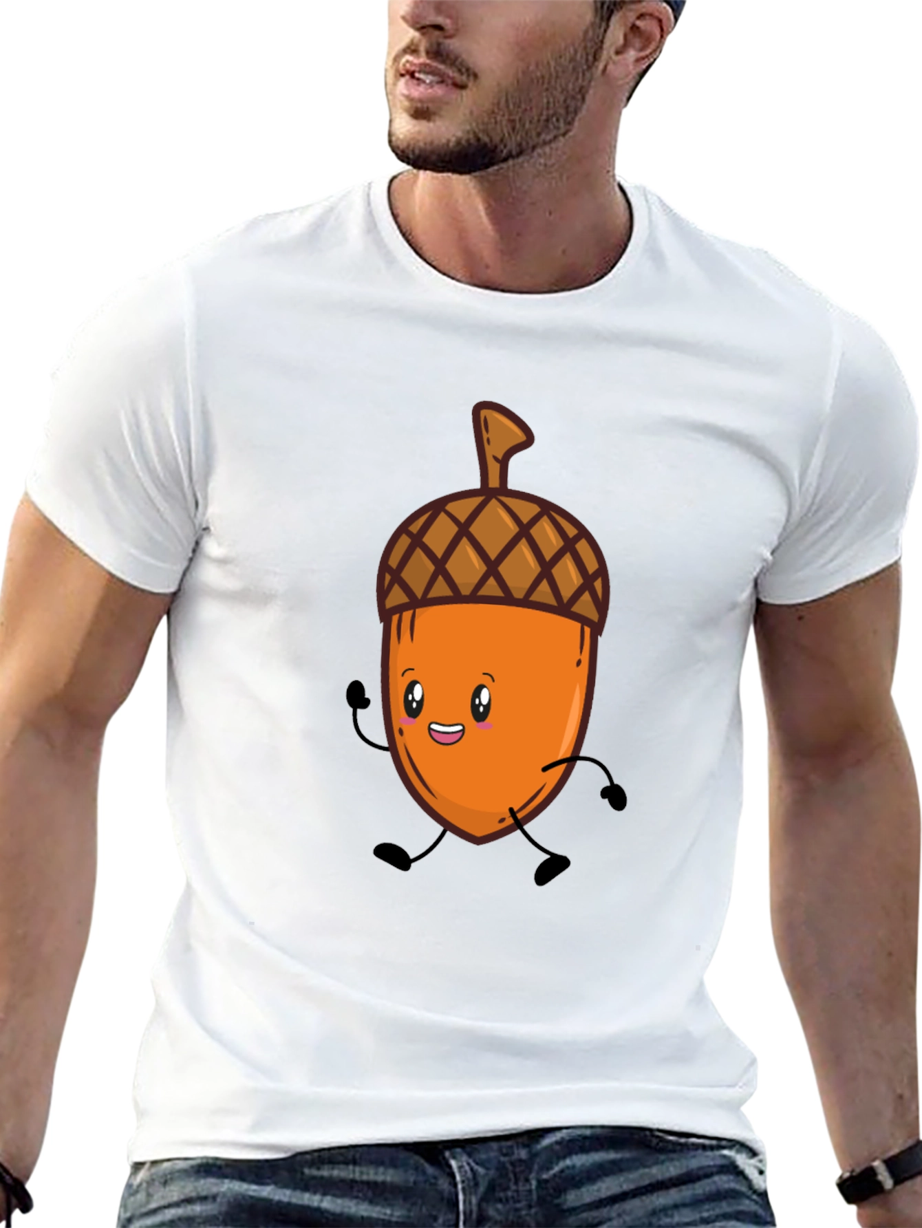Black Cute Cartoon Acorn T-Shirt - Black, Unisex view 13