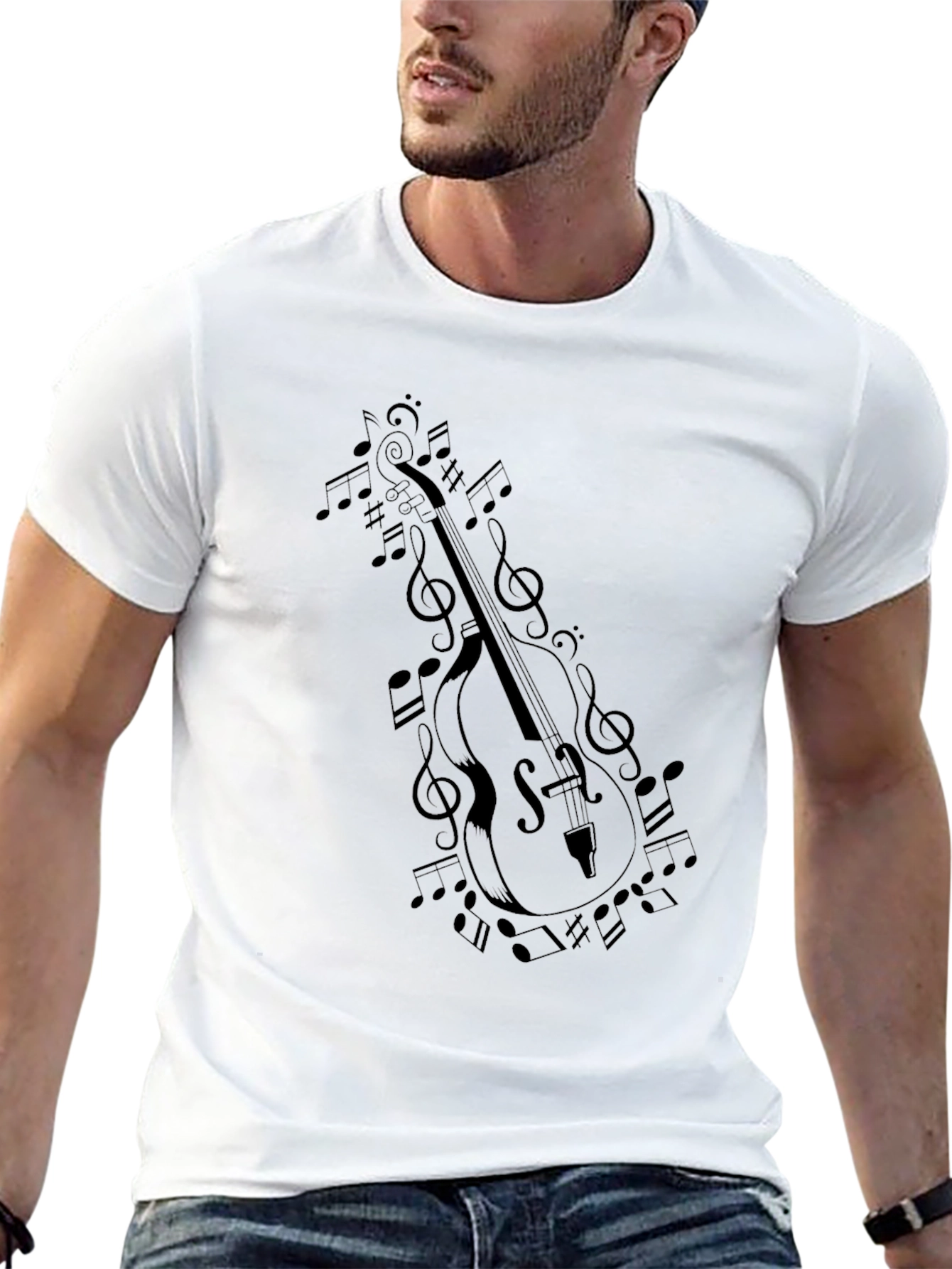 Black Musician's Black T-Shirt with Cello and Music Notes Design view 13