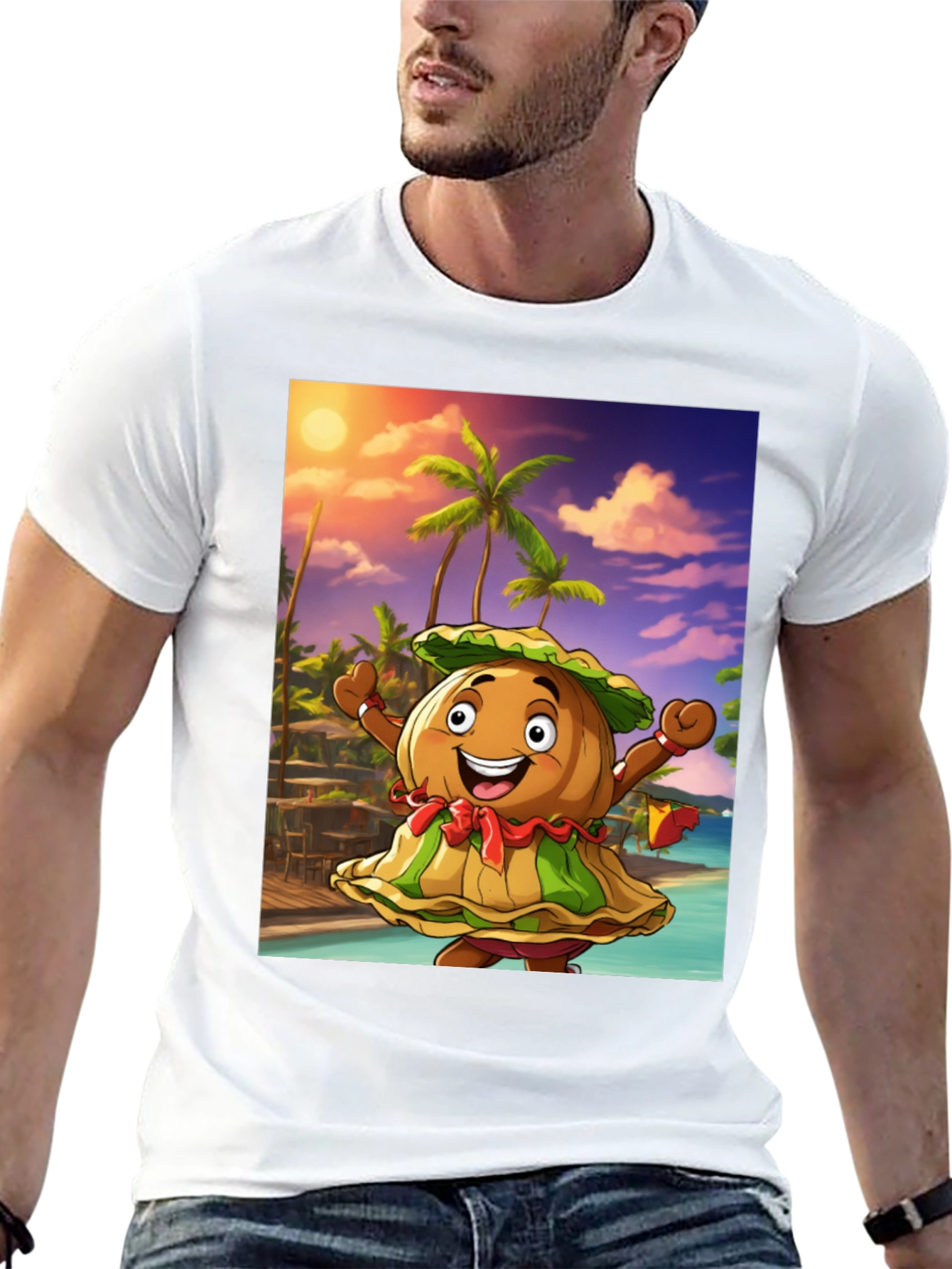 Black Tropical Cartoon Print Black T-Shirt view 13