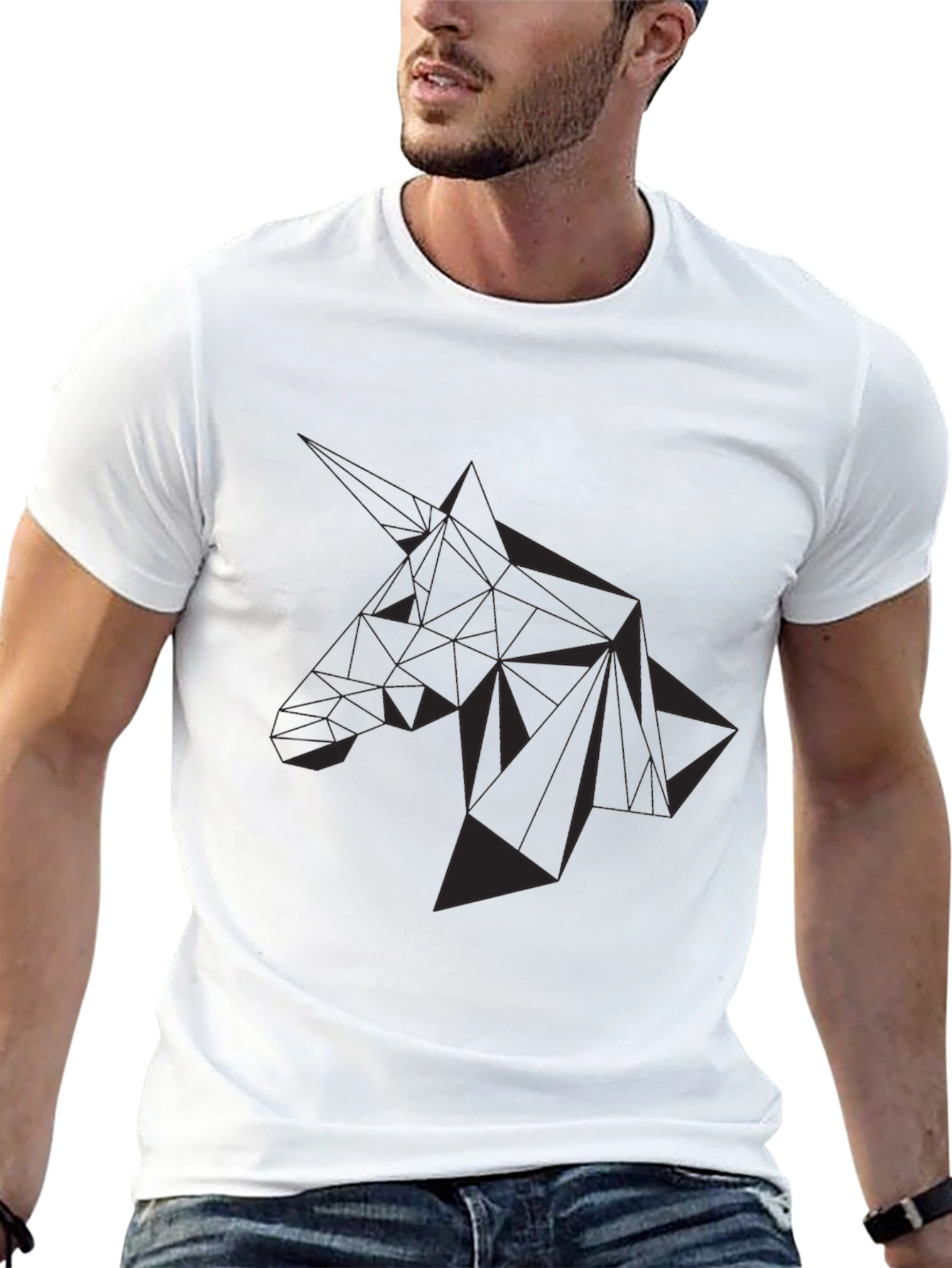 Black Geometric Unicorn Graphic Tee - Black Cotton Blend view 13