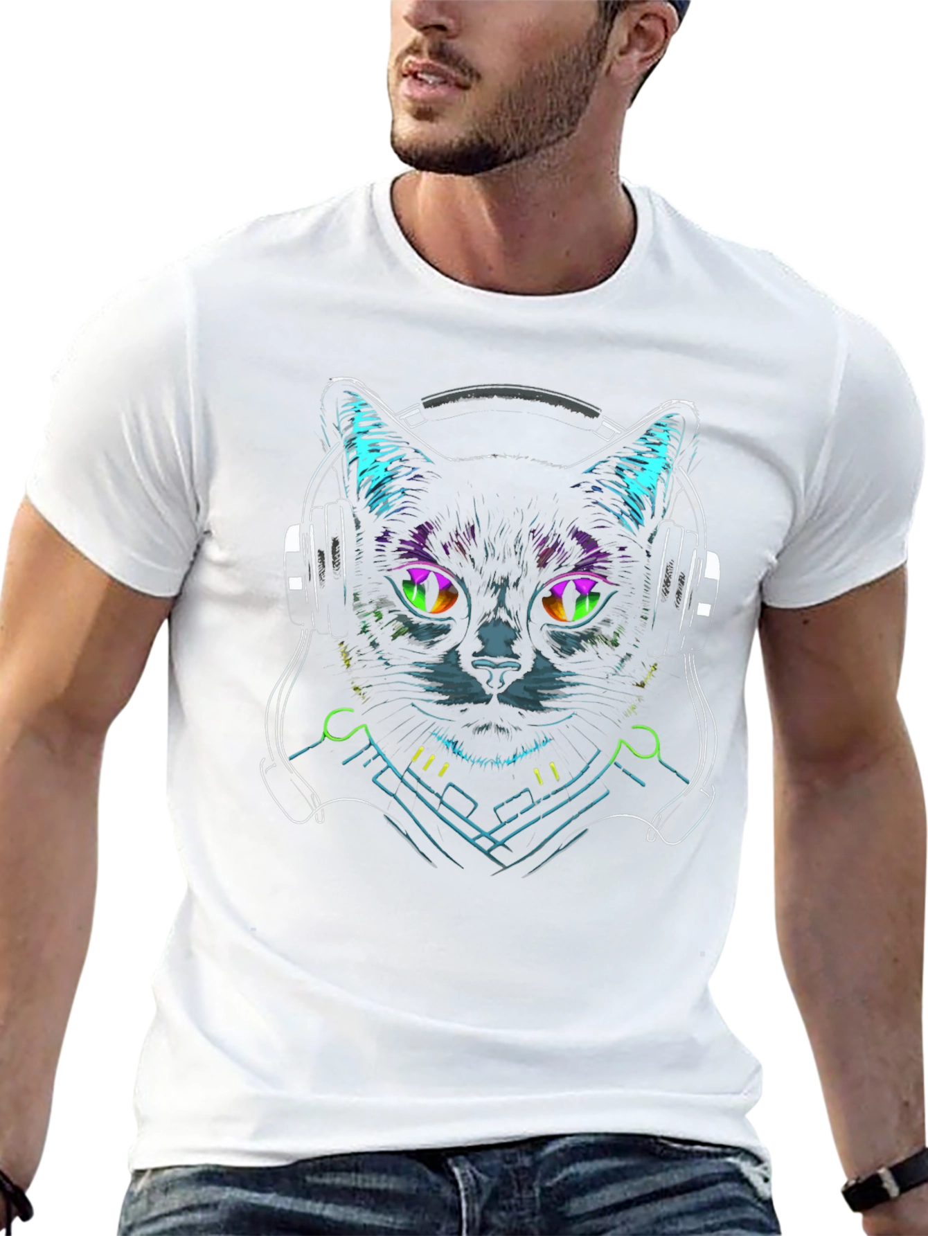 Black Cyberpunk Cat Headphone T-Shirt view 13