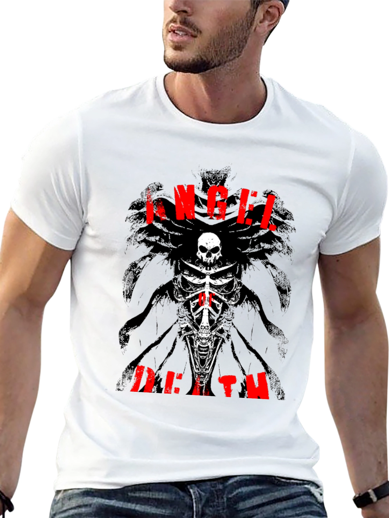 Black Angel Death Graphic T-Shirt - Skull & Bones Design view 13
