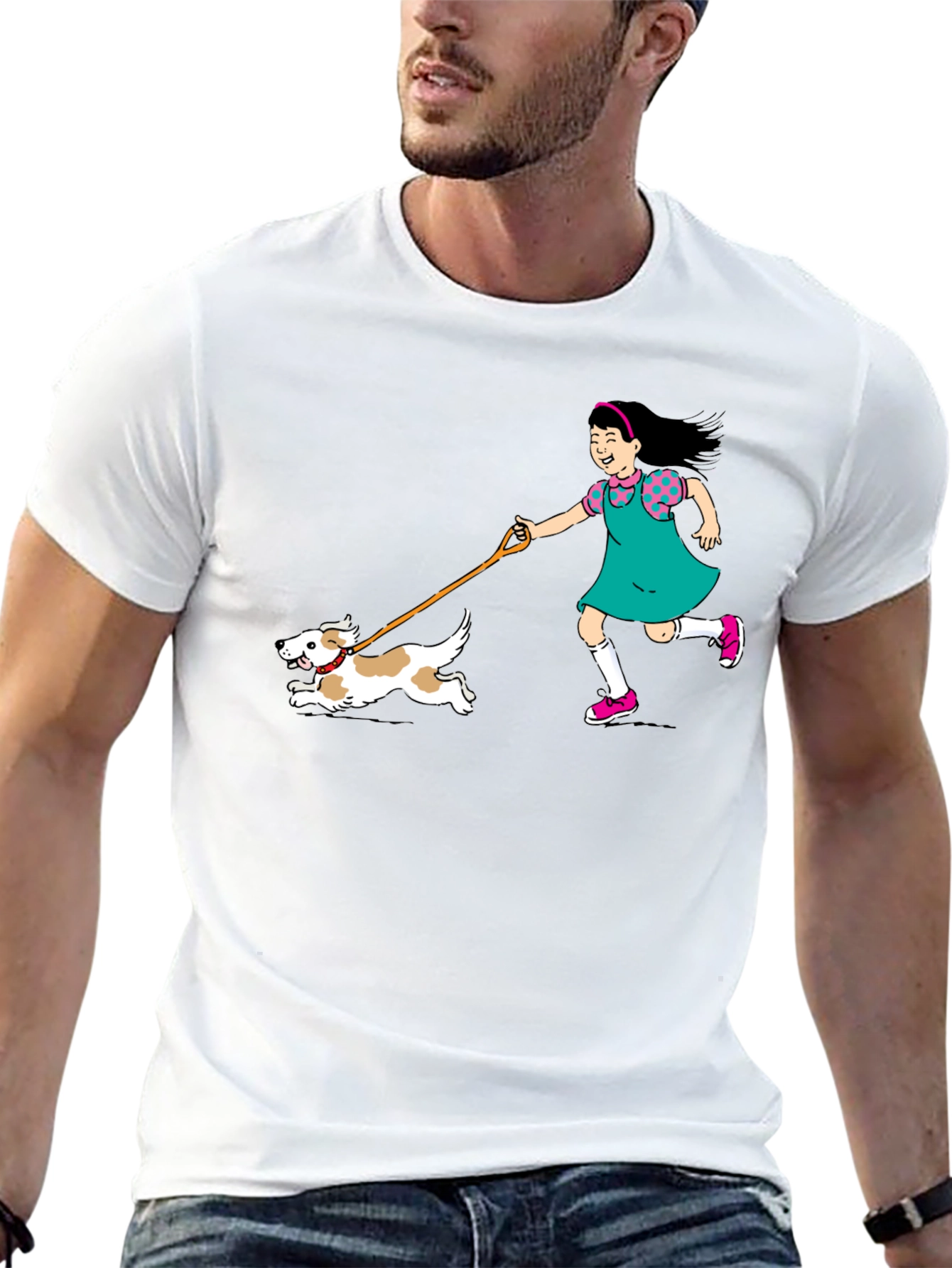 Black Girl Walking Dog Graphic Tee - Unisex Black T-Shirt view 13