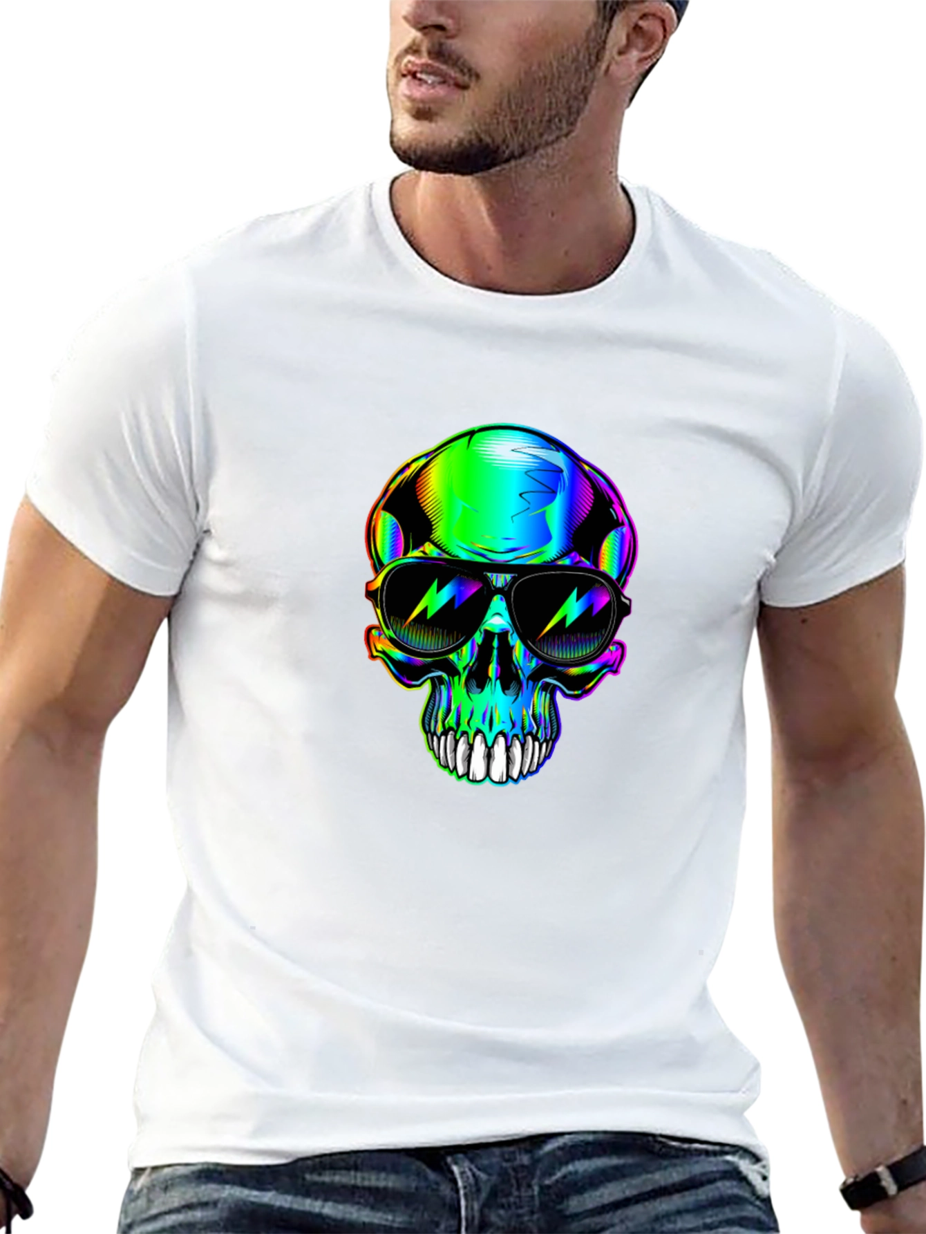 Black Rainbow Skull Sunglasses Graphic Black T-Shirt view 13