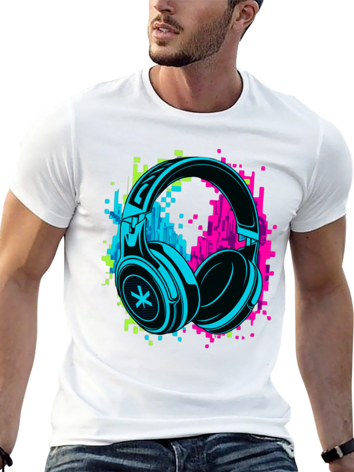 Black Neon Headphones Graphic Black T-Shirt view 13