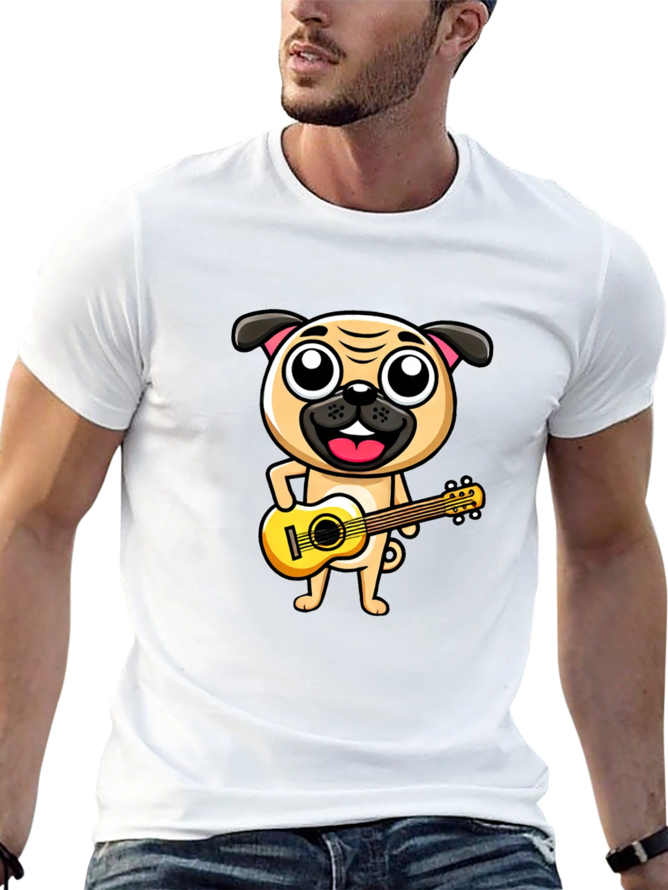Black Pug Playing Guitar T-Shirt - Black Cotton Tee view 13