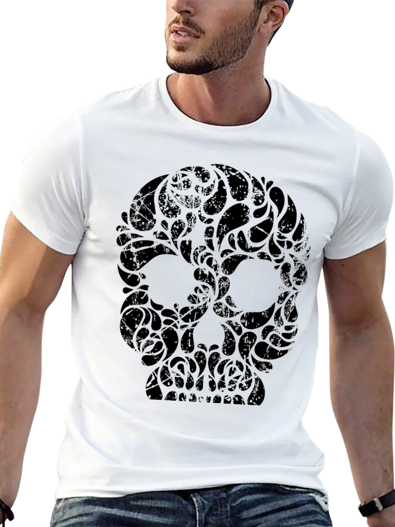 Black Dark Floral Skull Graphic Tee - Men's view 13