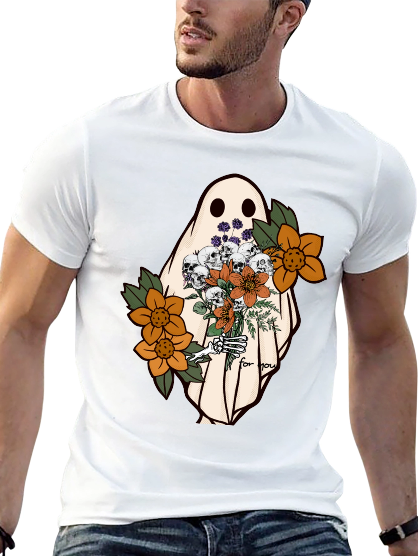 Black Ghost with Flowers Graphic Tee - Unisex Soft Cotton view 13