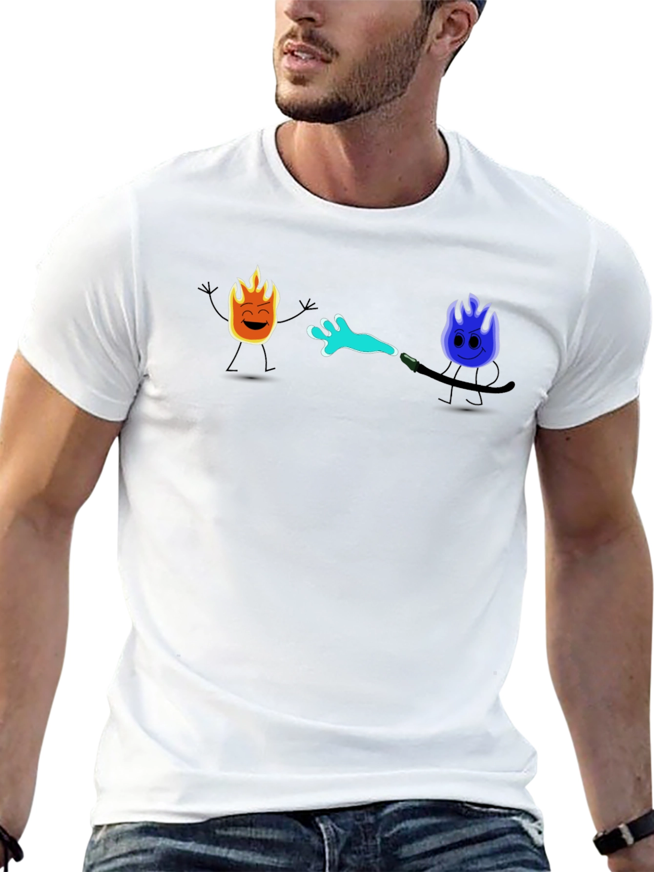 Black Cool Cartoon Fire & Water T-Shirt view 13