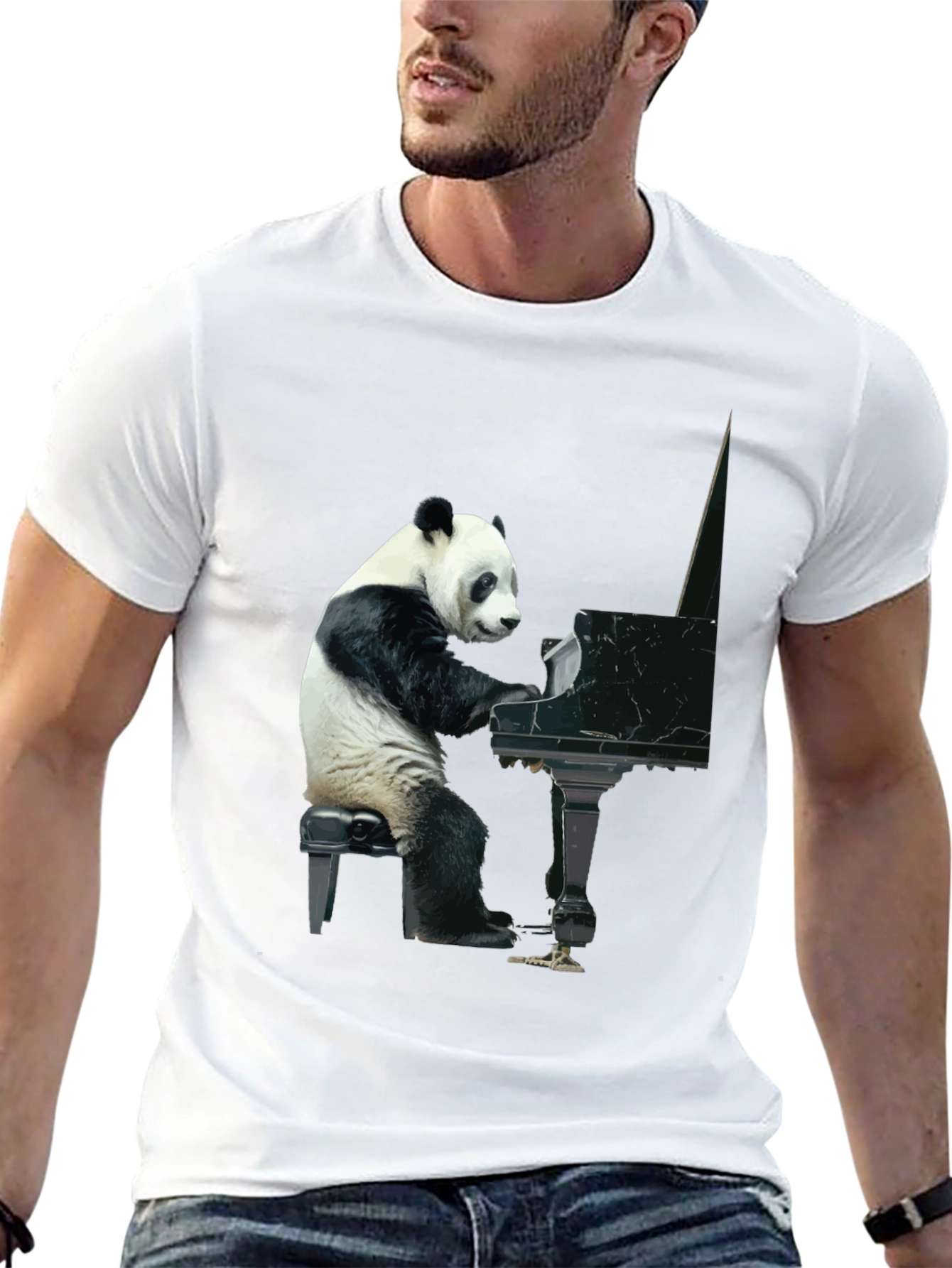 Black Panda Playing Piano Graphic Tee - Black Cotton Shirt view 13