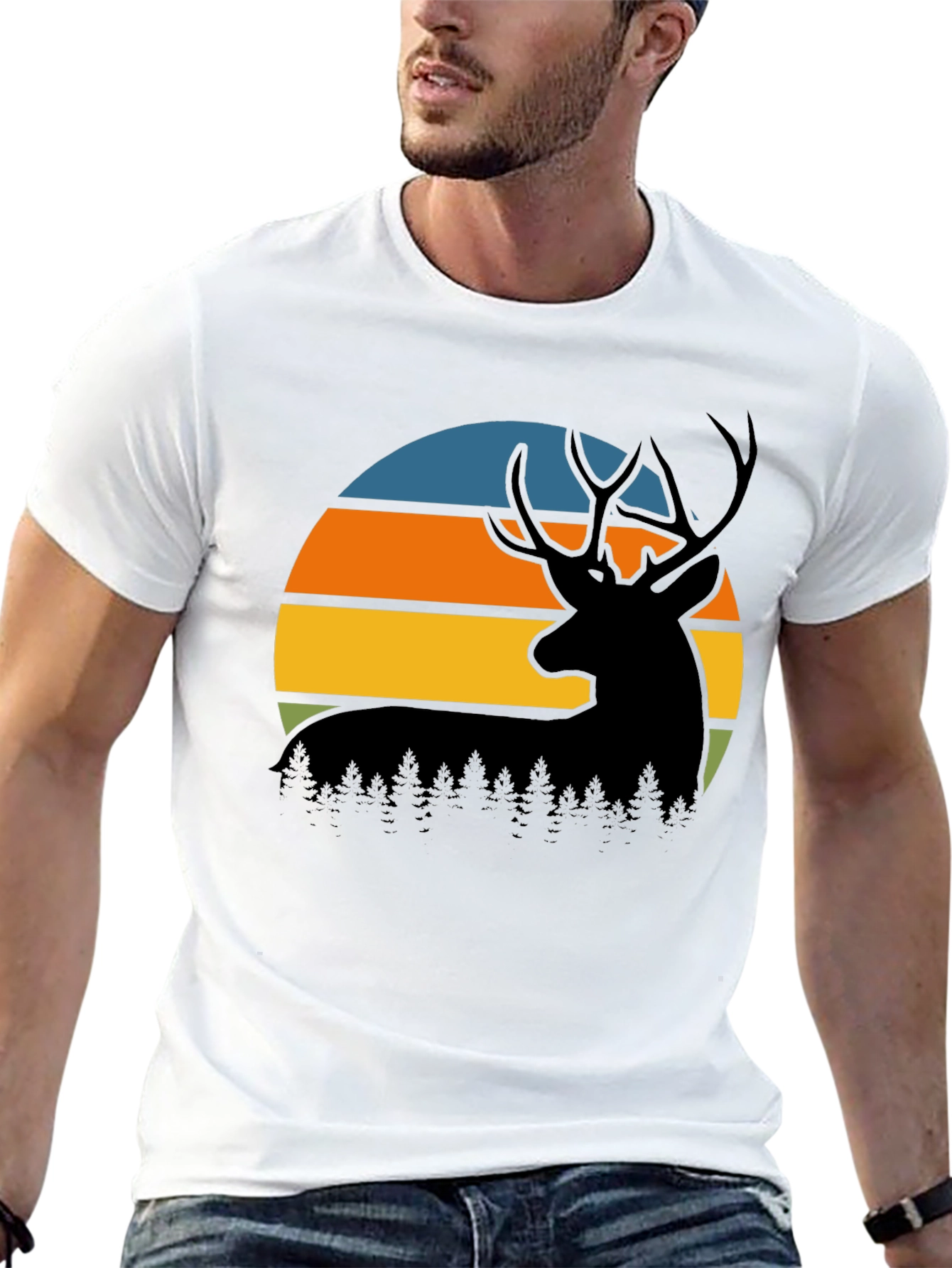 Black Retro Deer Sunset Graphic T-Shirt view 13