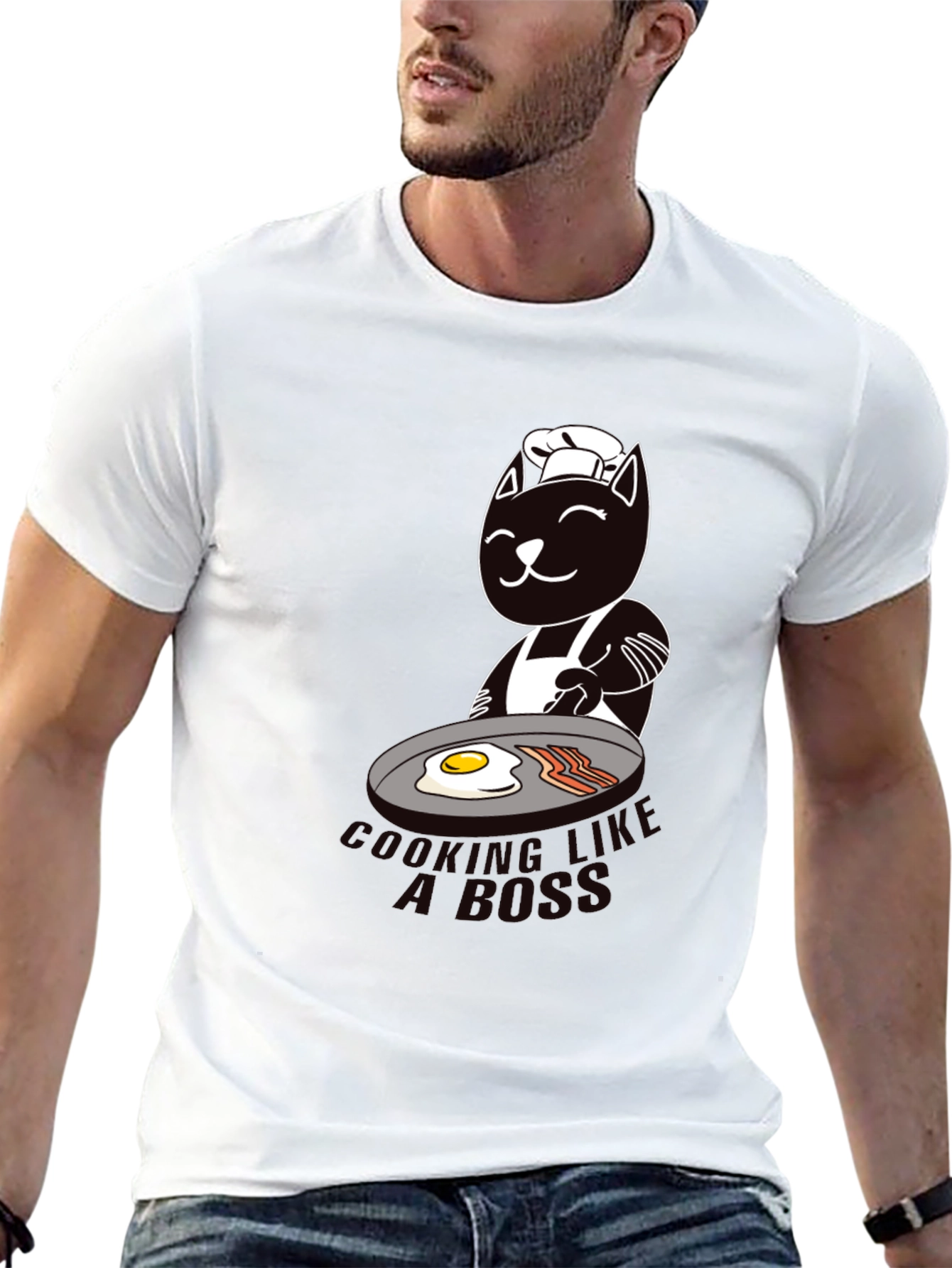 Black Chef Cat Cooking Breakfast Graphic T-Shirt view 13