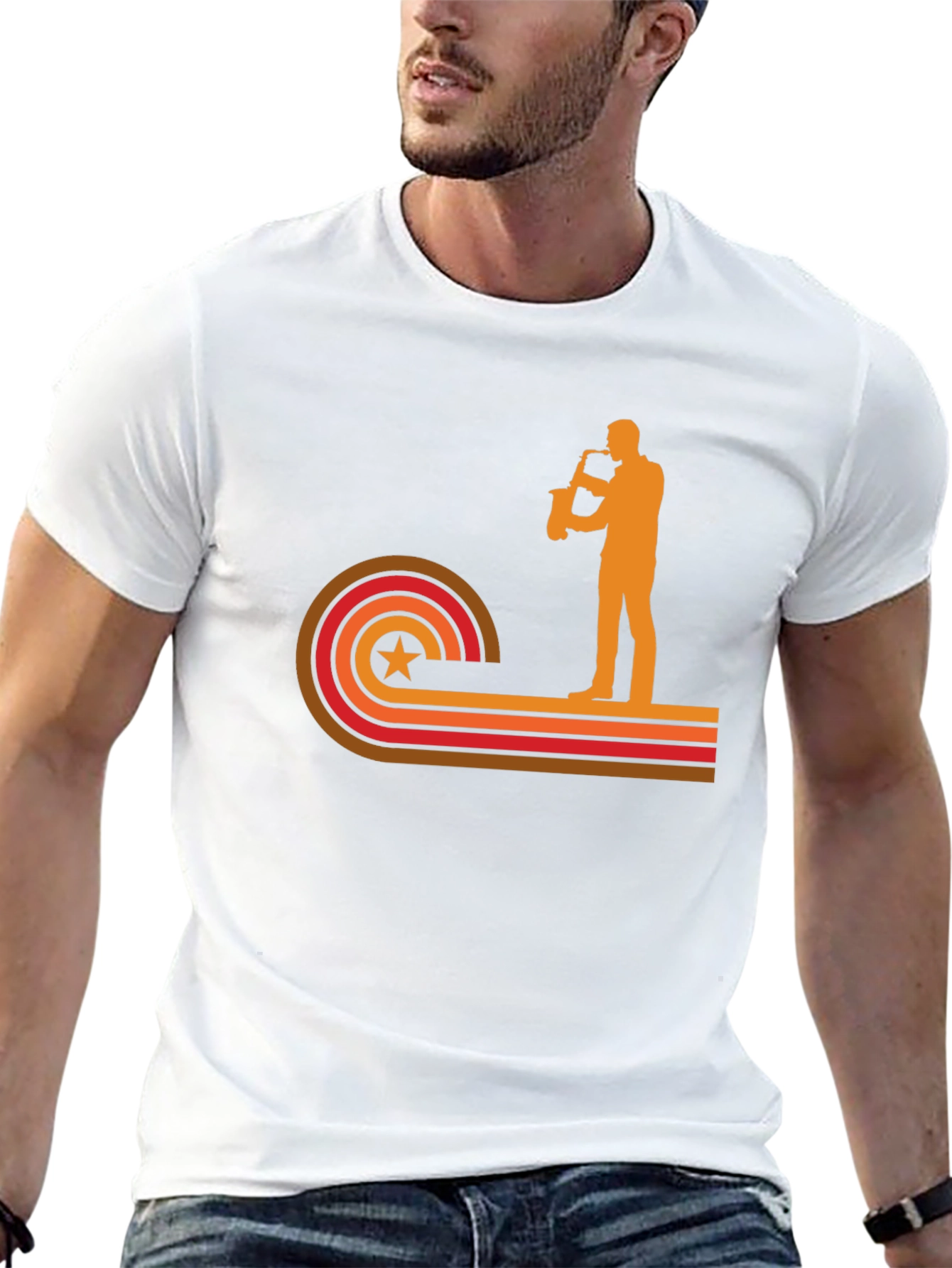 Black Retro Saxophone Player Graphic T-Shirt view 13