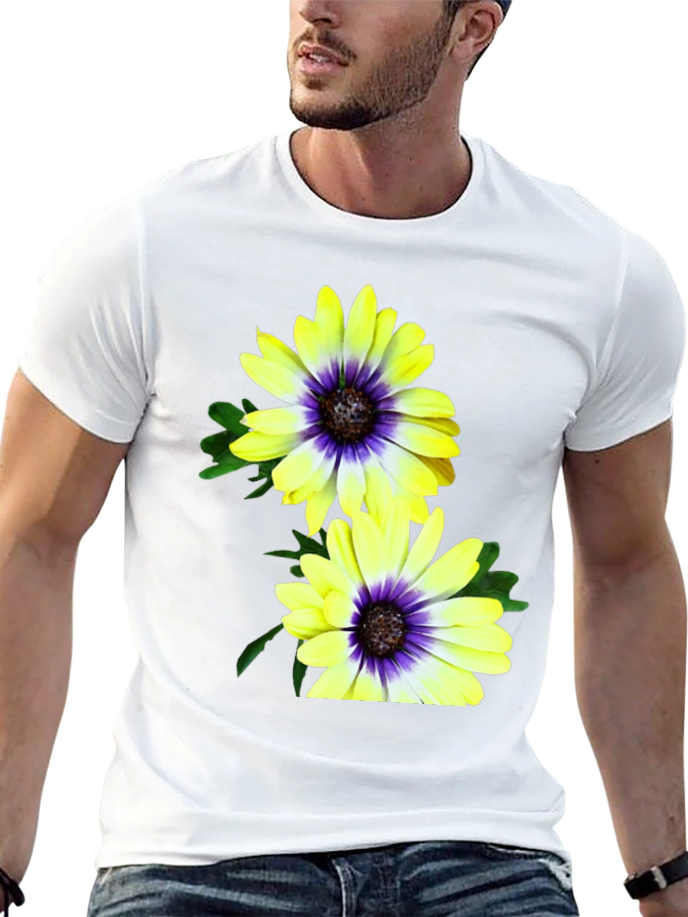 Black Floral T-Shirt: Yellow & Purple Daisy Print view 13