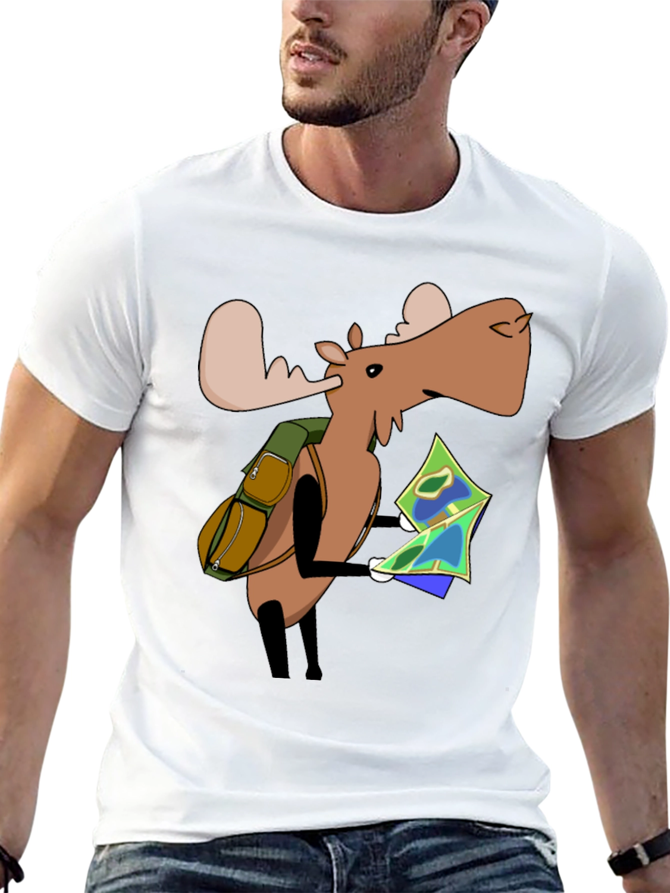 Black Cartoon Moose with Map T-Shirt - Black view 13