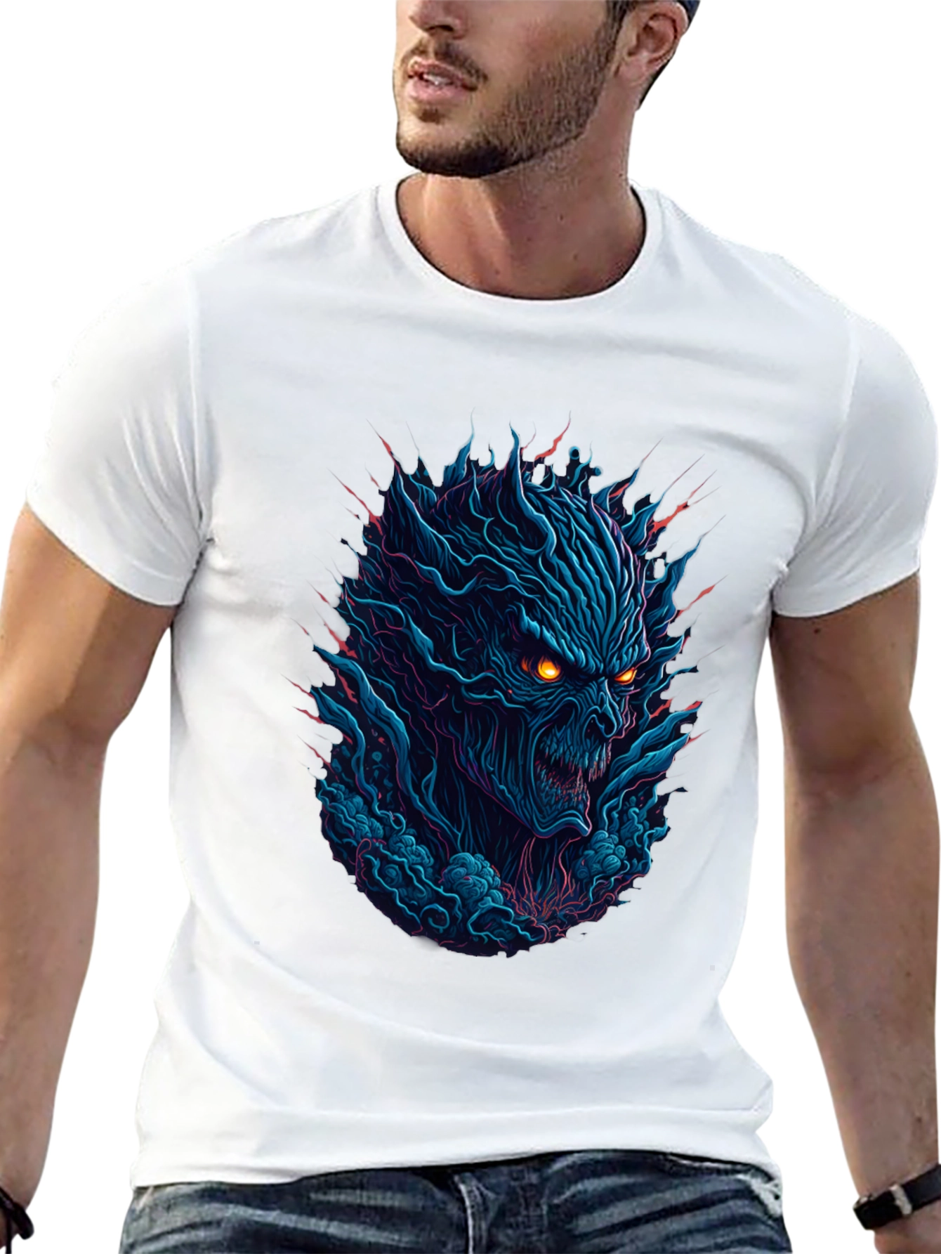 Black Men's Black T-Shirt with Fiery Monster Graphic view 13