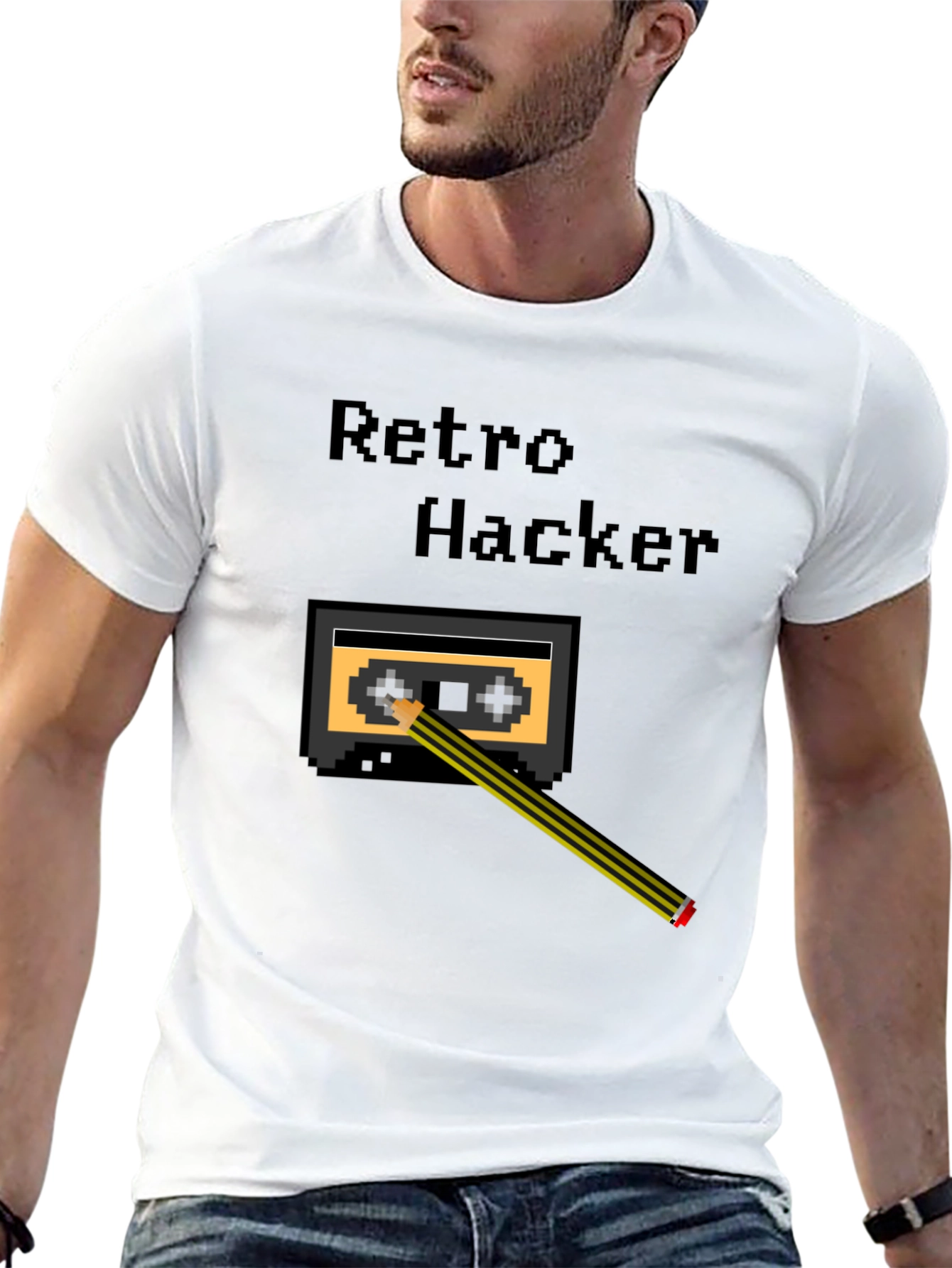 Black Retro Hacker Pixel Art T-Shirt - Cassette and Pencil Design view 13