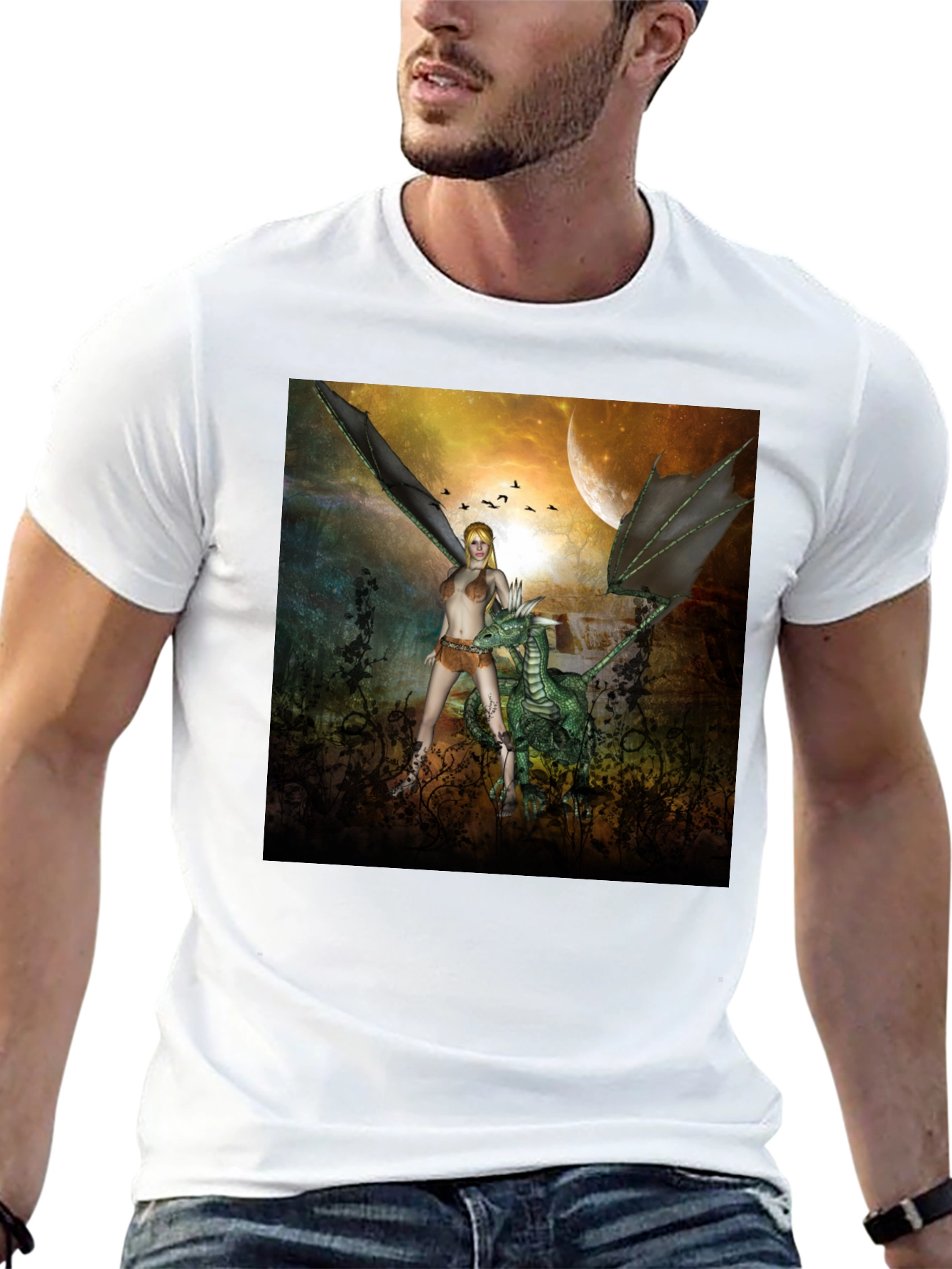 Black Fantasy Dragon & Warrior Graphic Tee view 13