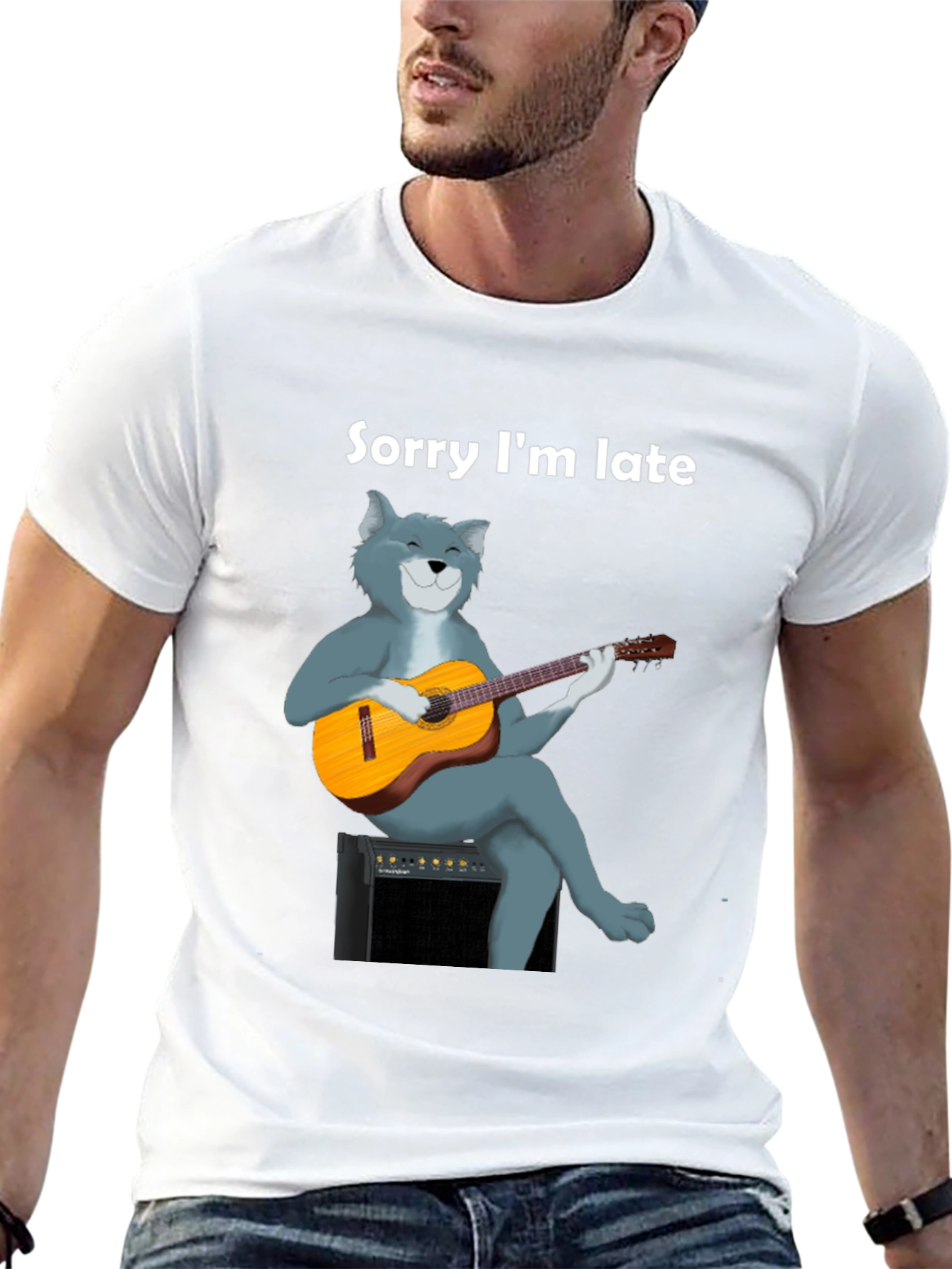 Black Sorry I'm Late Cat Guitar T-Shirt view 13