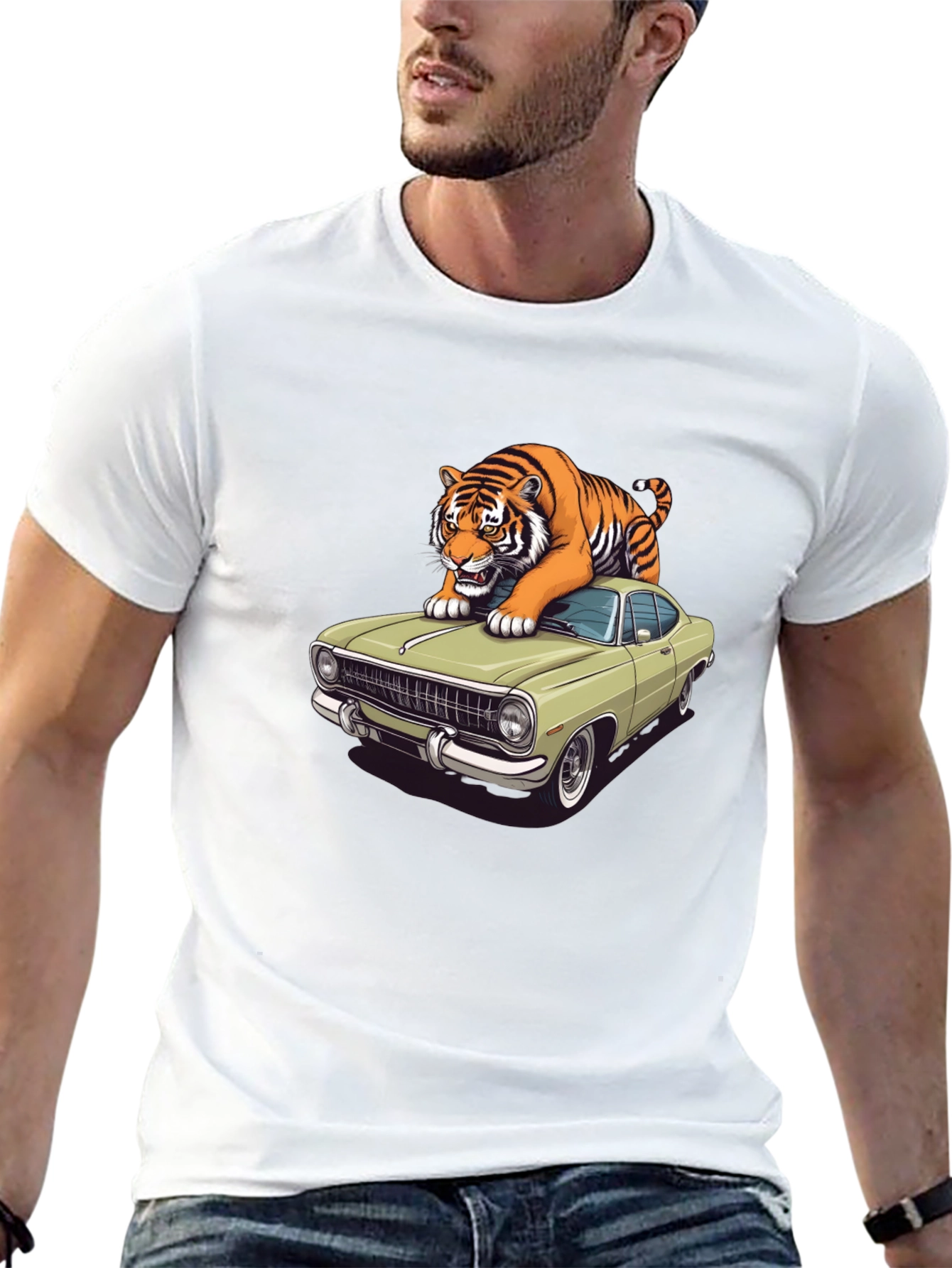 Black Tiger on Car Graphic T-Shirt - Cool Animal Tee view 13