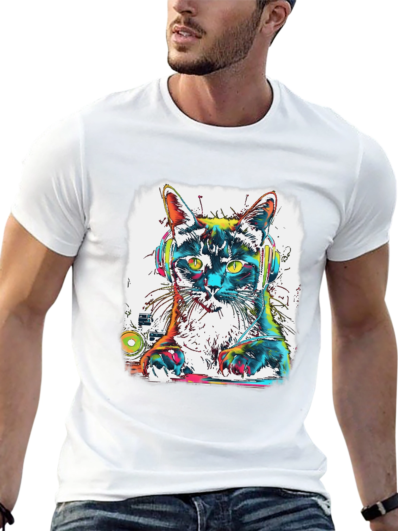 Black DJ Cat T-Shirt - Colorful Graphic Tee view 13