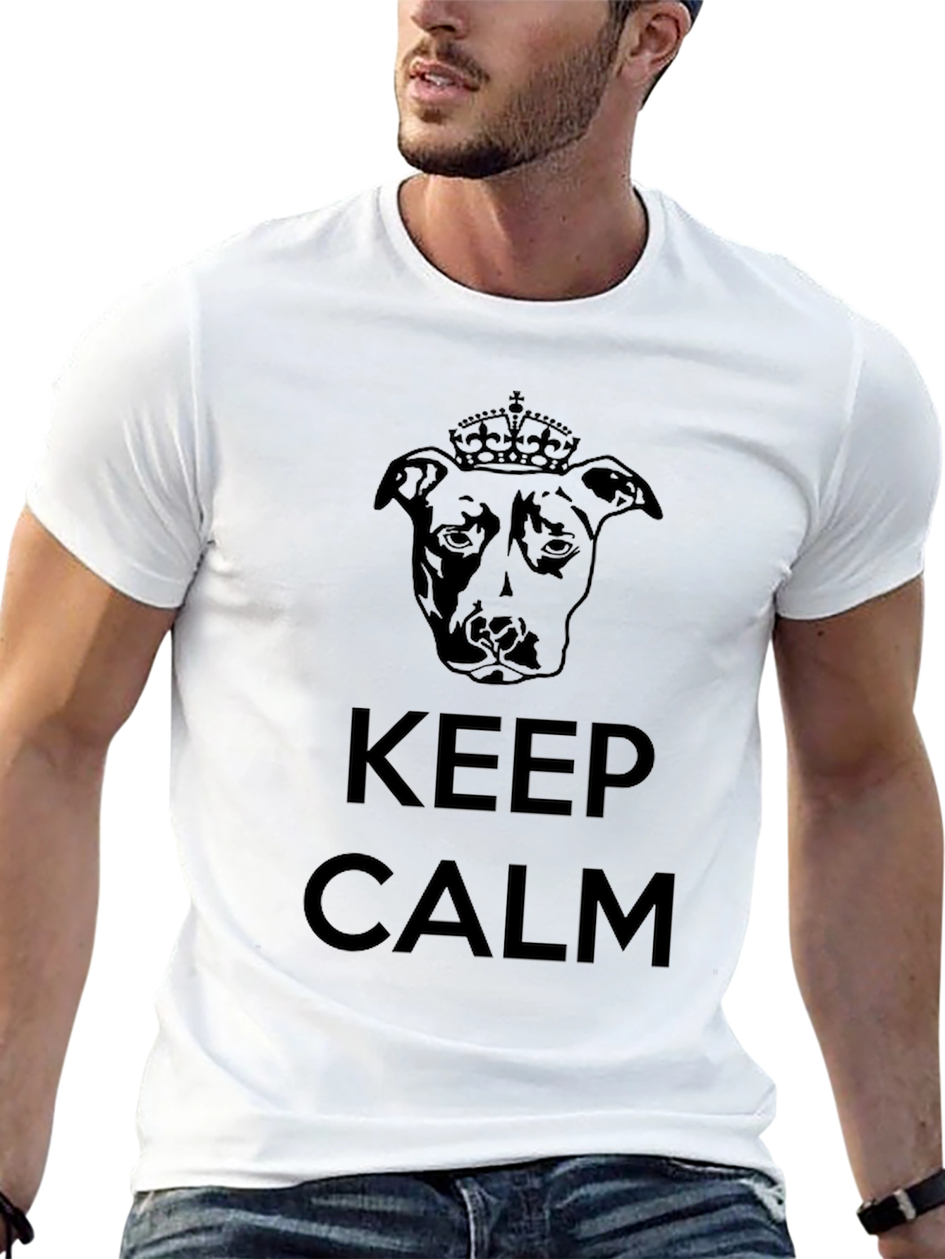 Black Keep Calm Pitbull Crown T-Shirt - Black Crew Neck Tee view 13