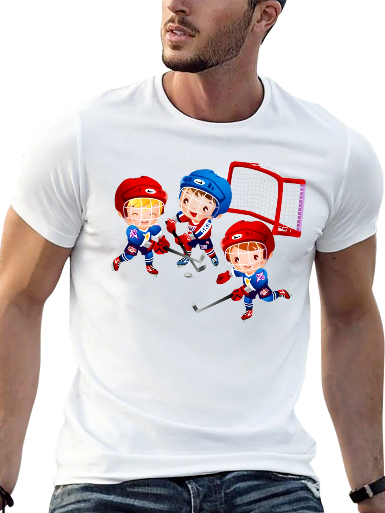 Black Hockey Cartoon Graphic T-Shirt - Fun Sports Tee view 13
