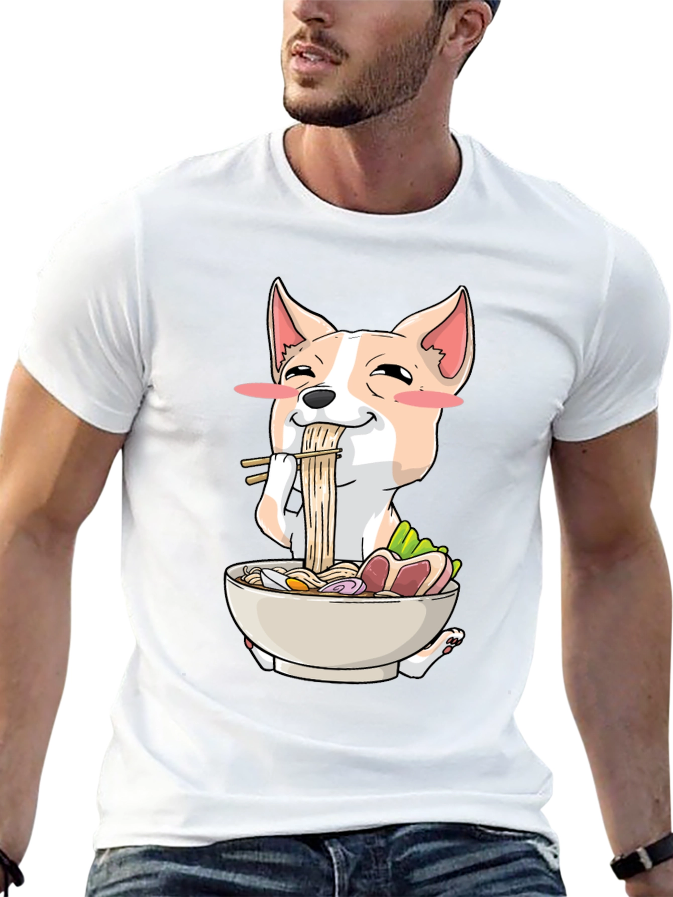 Black Cute Dog Eating Ramen Graphic T-Shirt view 13