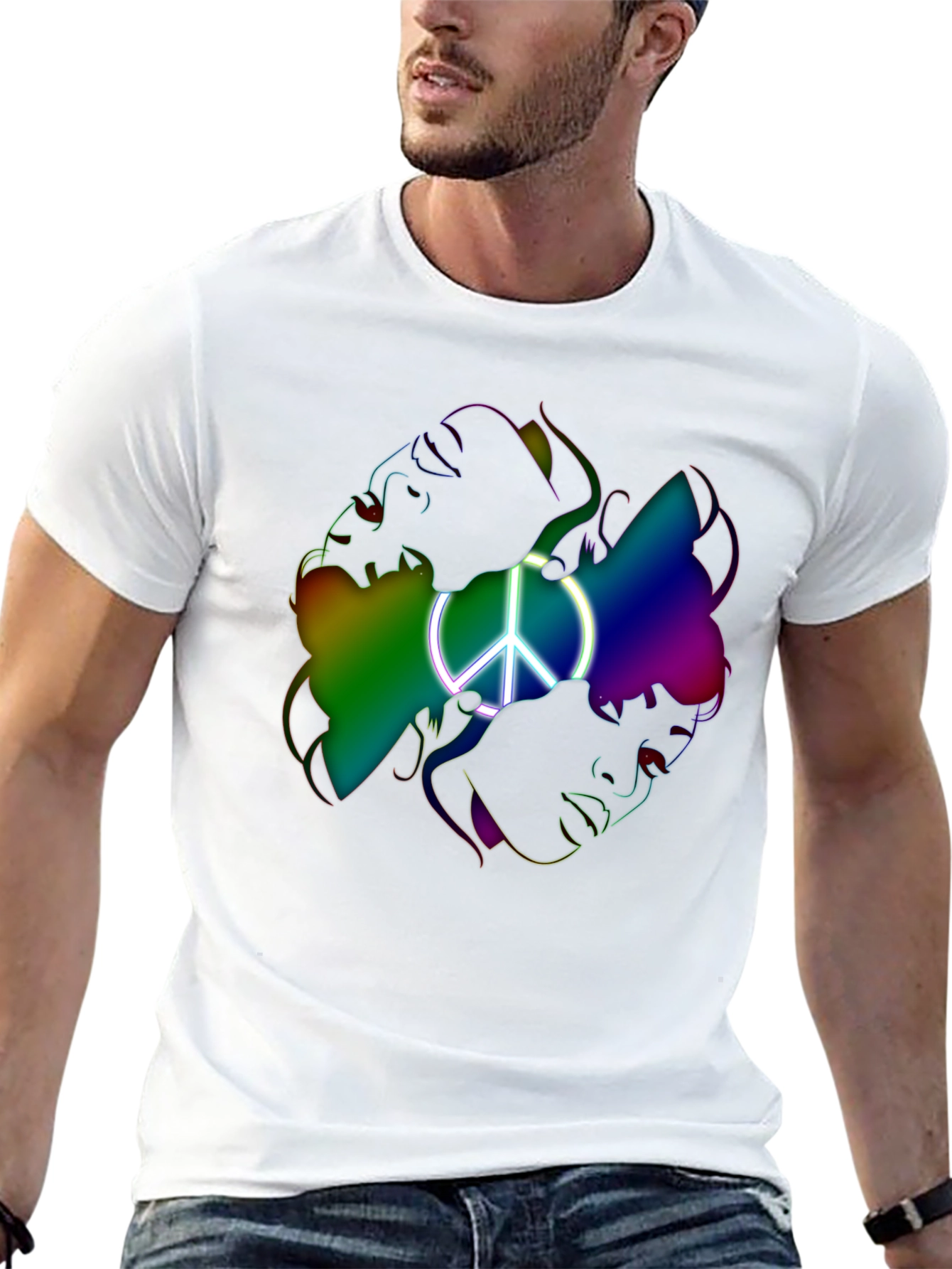 Black Peace Sign Rainbow Faces Graphic T-Shirt view 13