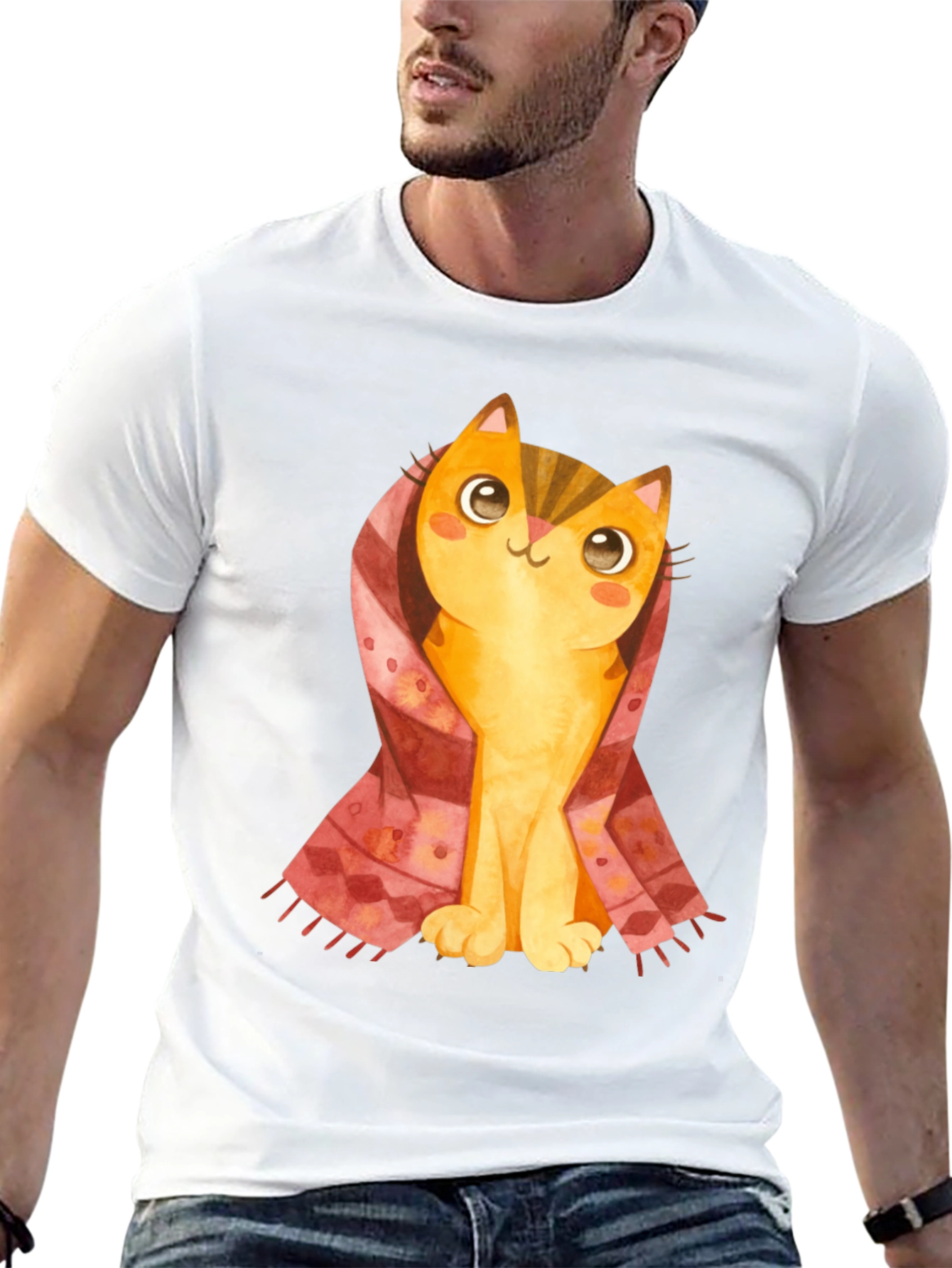 Black Cute Cartoon Cat in Scarf Black T-Shirt view 13