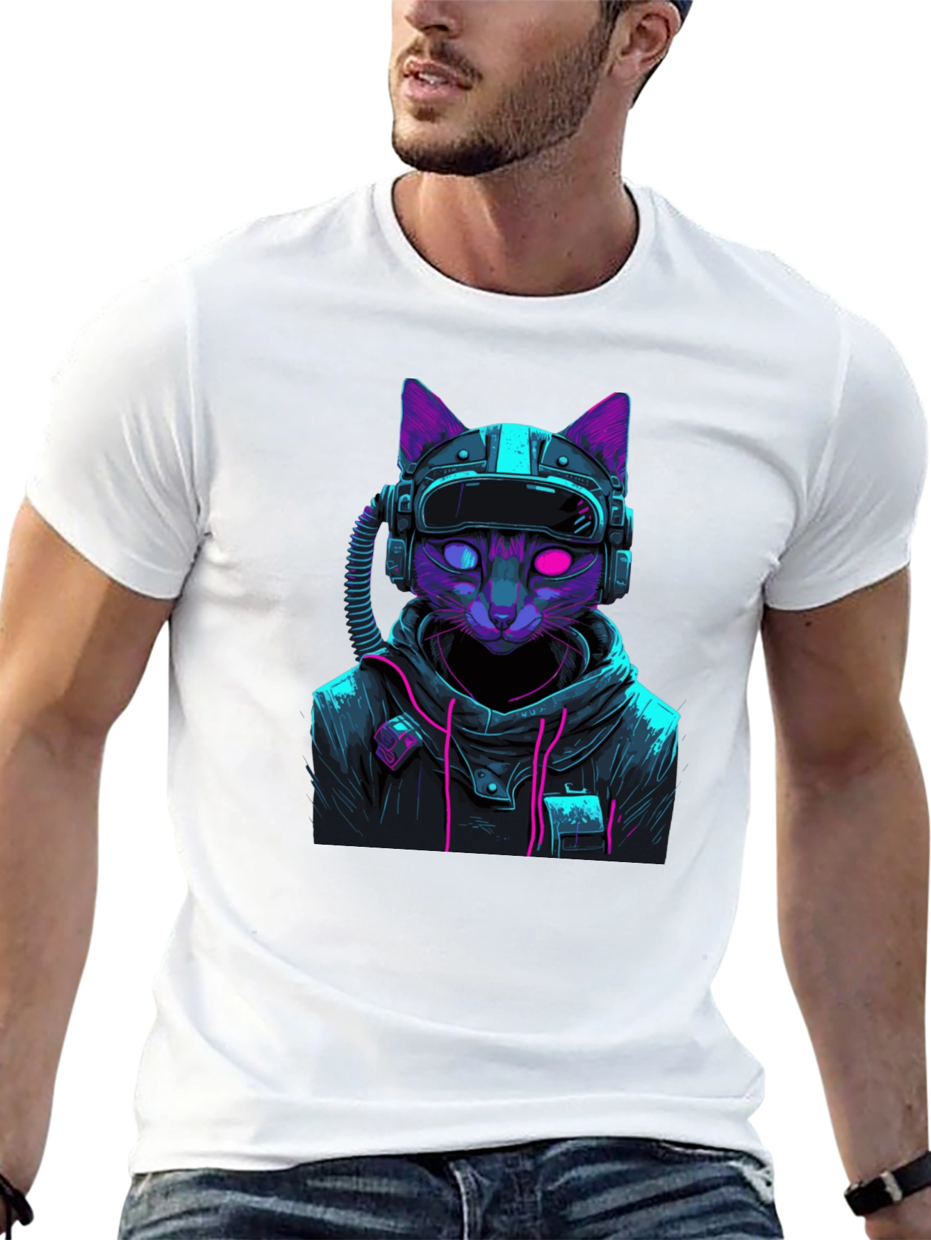 Black Cyberpunk Cat T-Shirt - Futuristic Style view 13