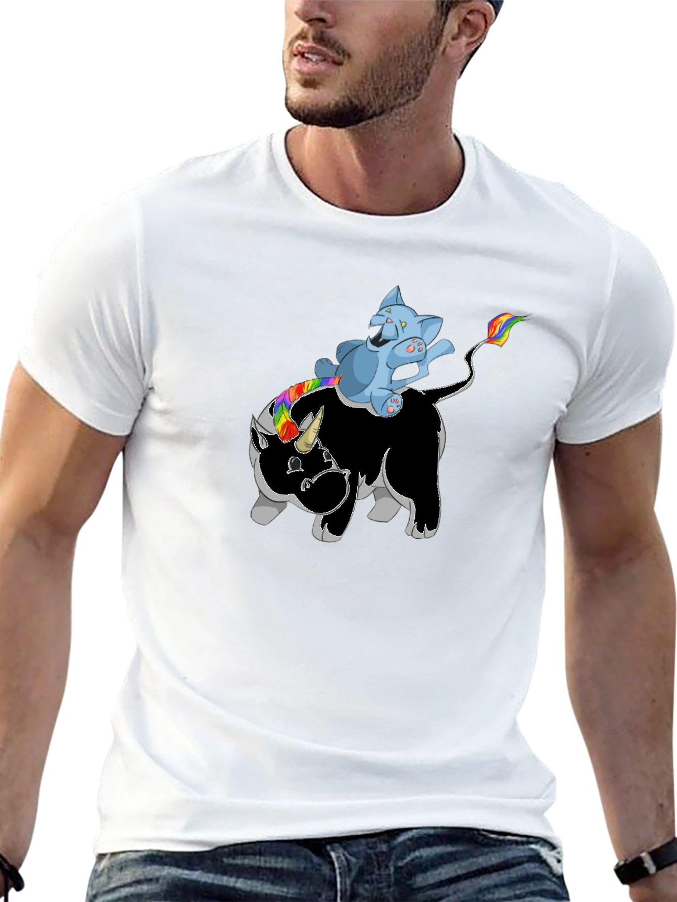 Black Unicorn Rhino Cat Rider T-Shirt - Black view 13