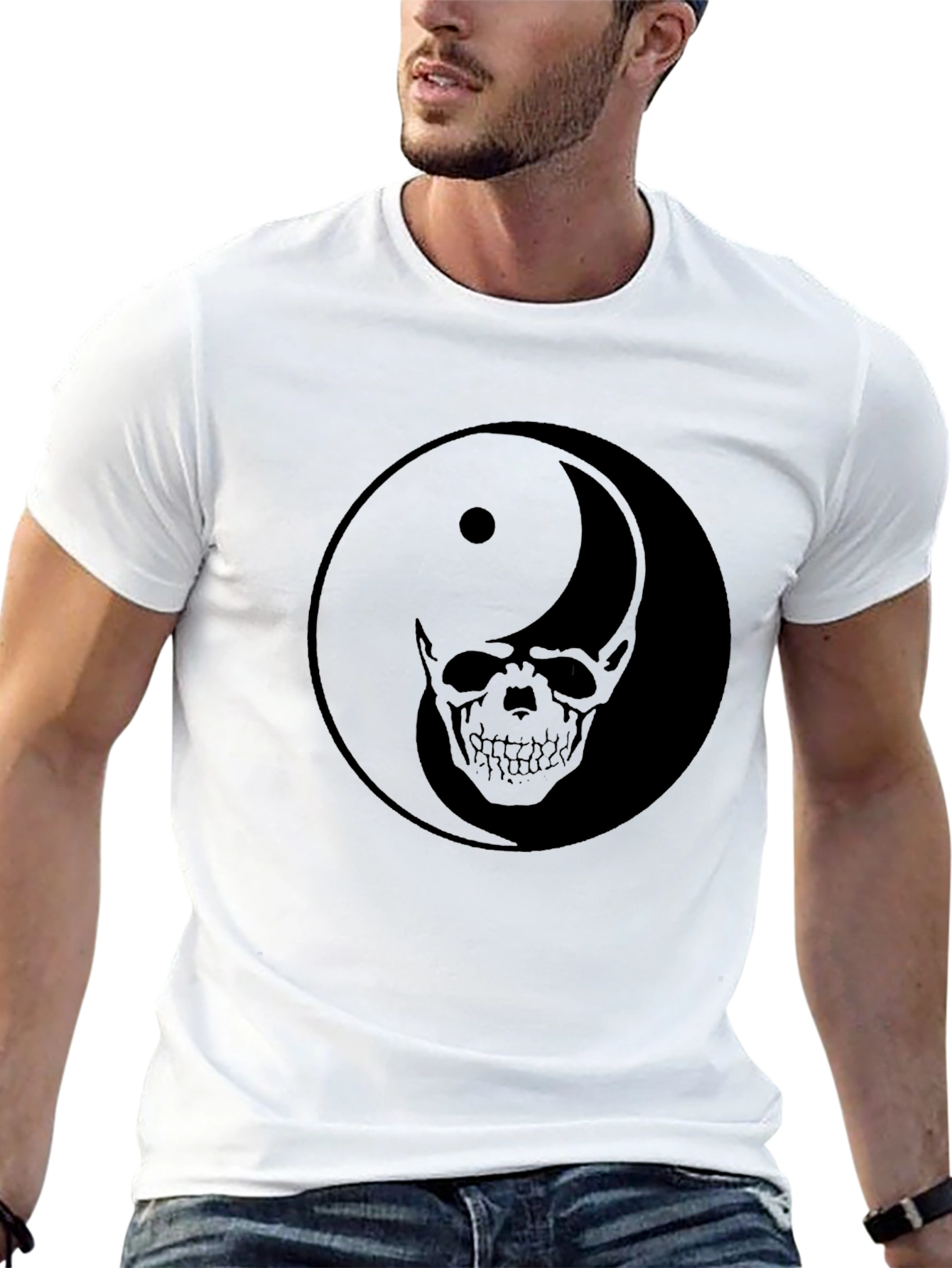 Black Yin Yang Skull Graphic Black T-Shirt view 13