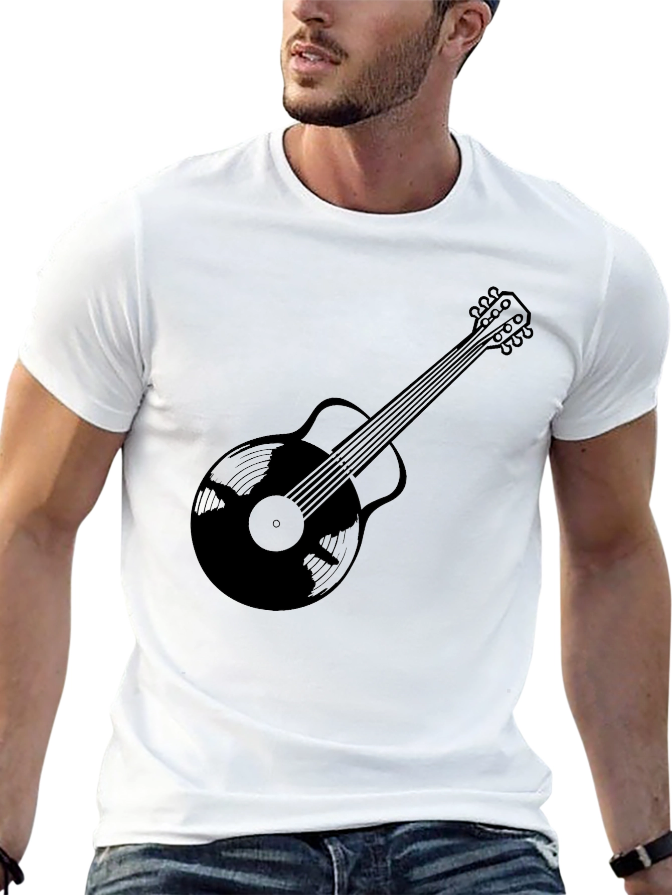 Black Guitar Vinyl Record Graphic Tee - Music Lover T-Shirt view 13