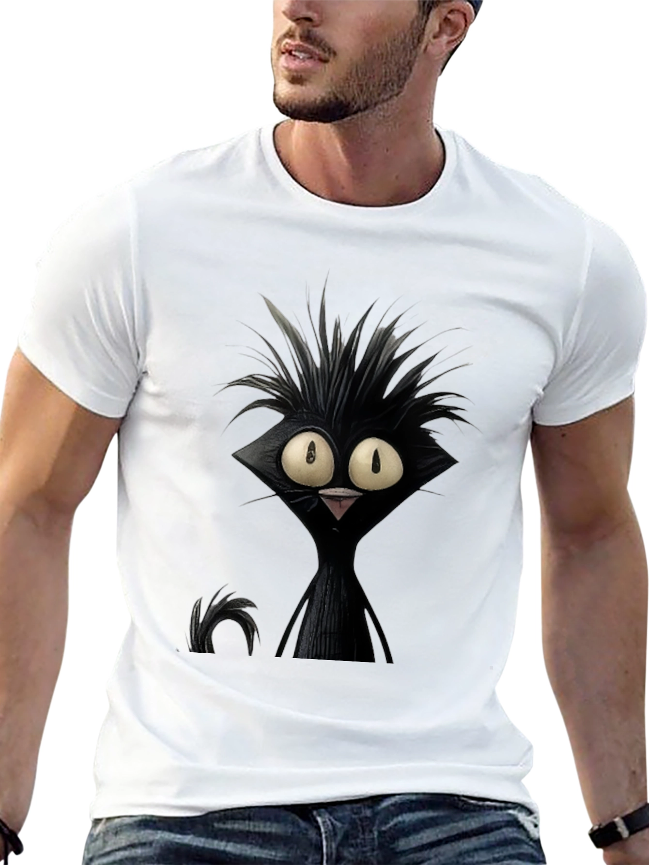 Black Crazy Cat Graphic Tee - Unisex Black T-Shirt view 13