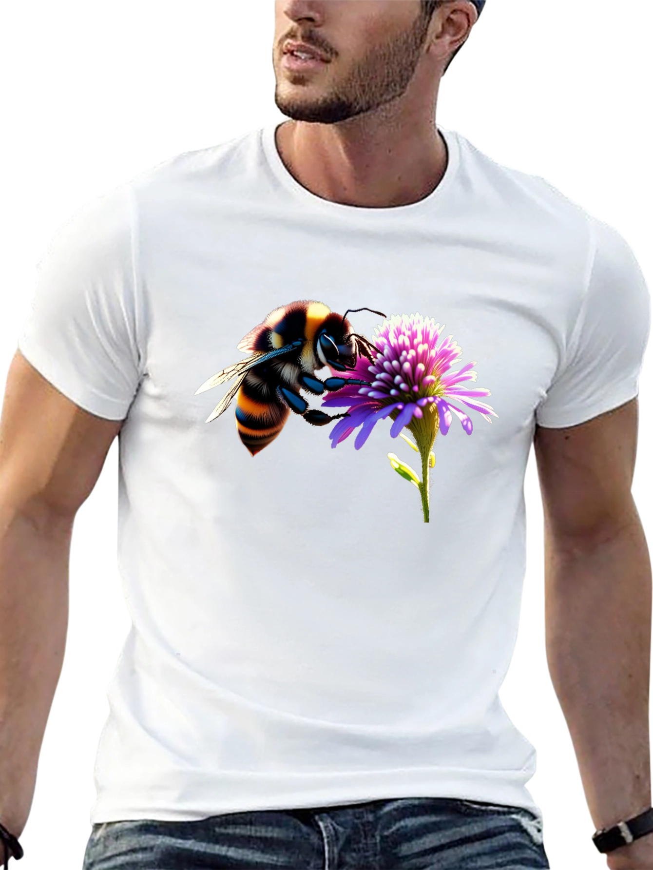 Black Bee on Flower Graphic Tee - Black Cotton T-Shirt view 13