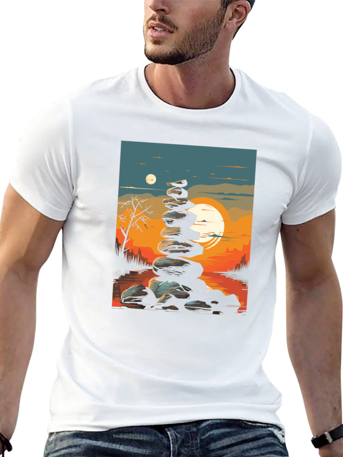 Black Zen Rock Stack T-Shirt - Sunset Landscape view 13