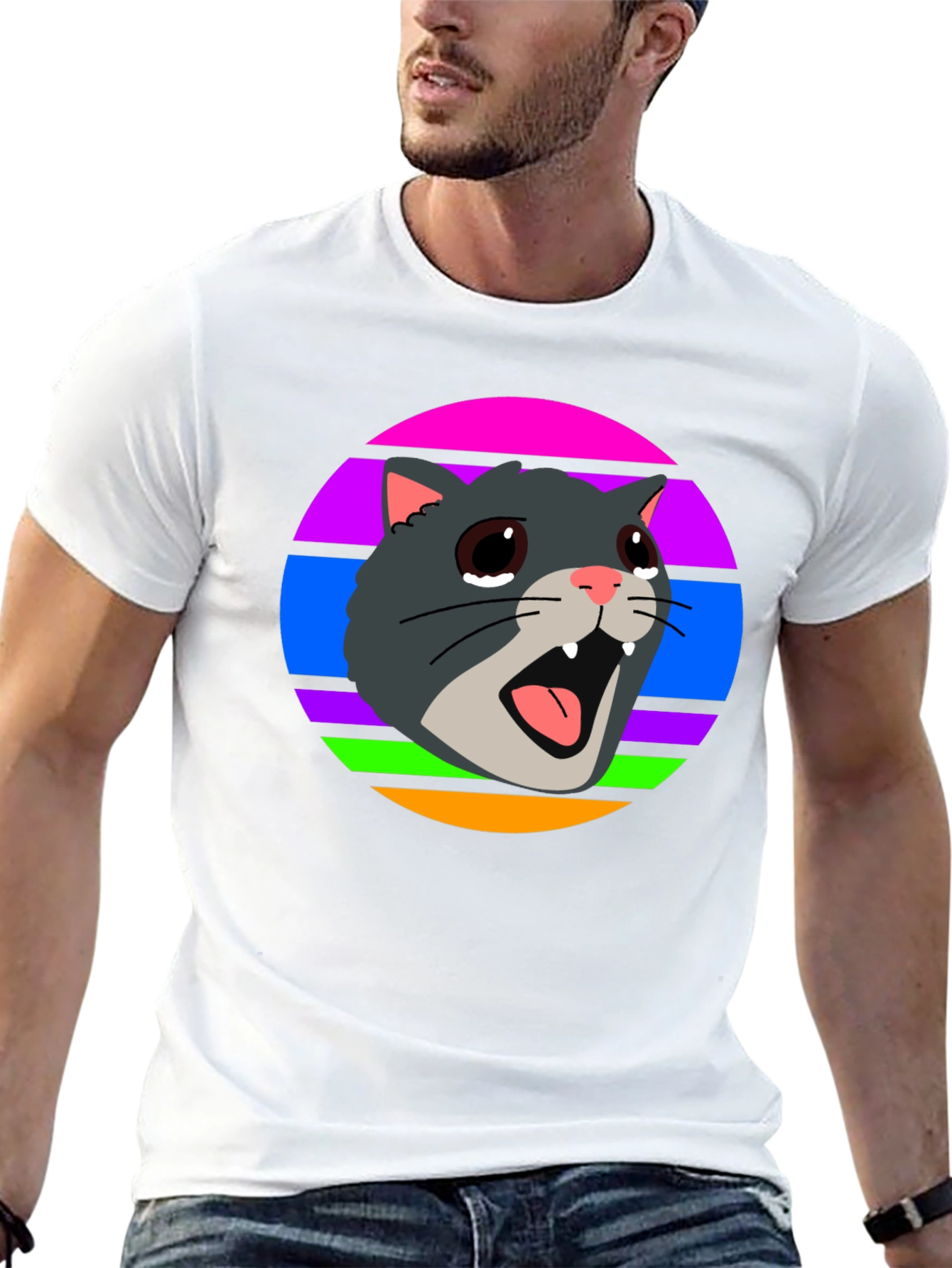 Black Crying Cat Retro T-Shirt, Funny Graphic Tee view 13
