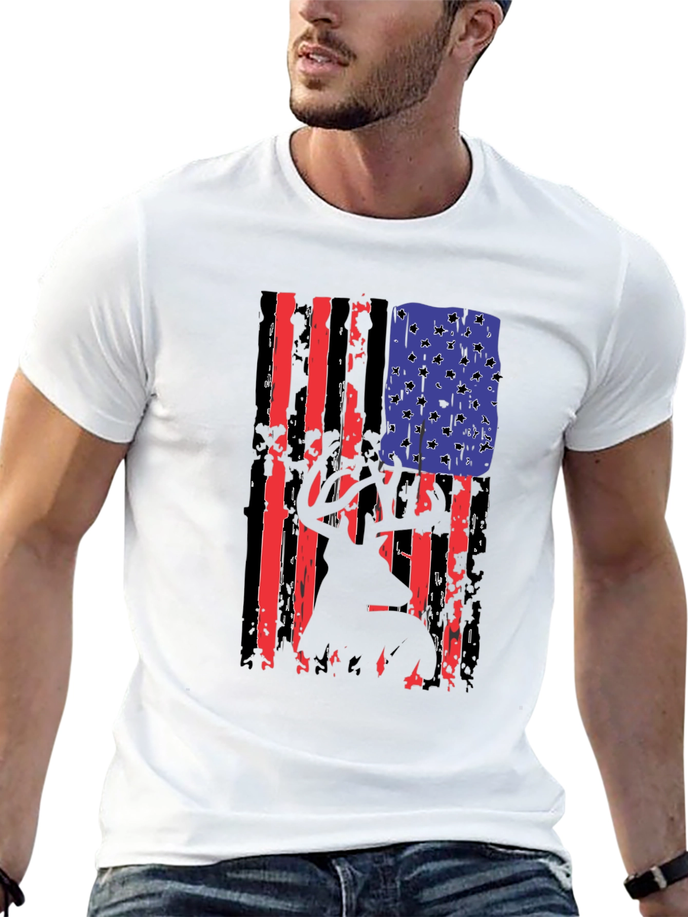 Black Distressed American Flag Deer Hunter T-Shirt view 13