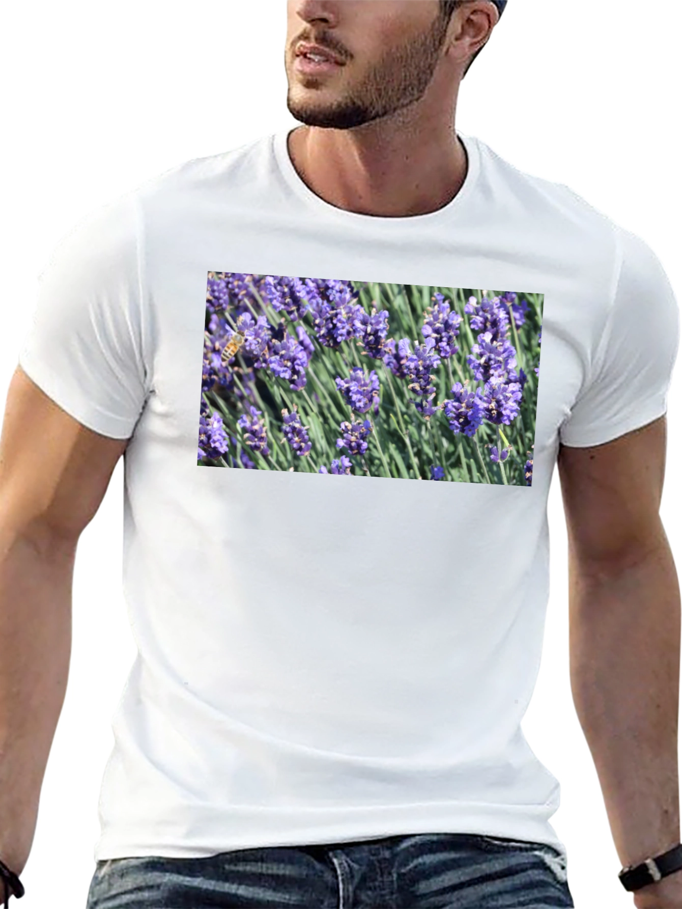 Black Floral Print T-Shirt: Bee on Lavender view 13