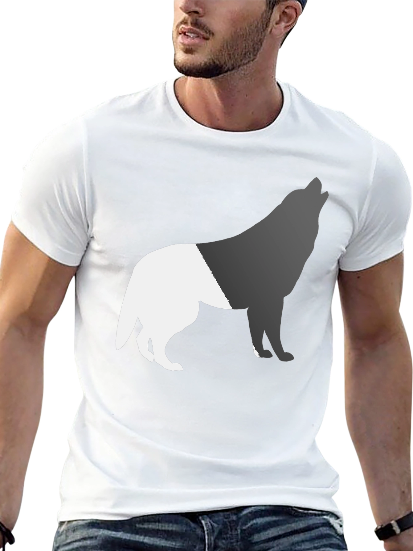 Black Two-Tone Wolf Graphic Tee - Black Cotton Blend view 13