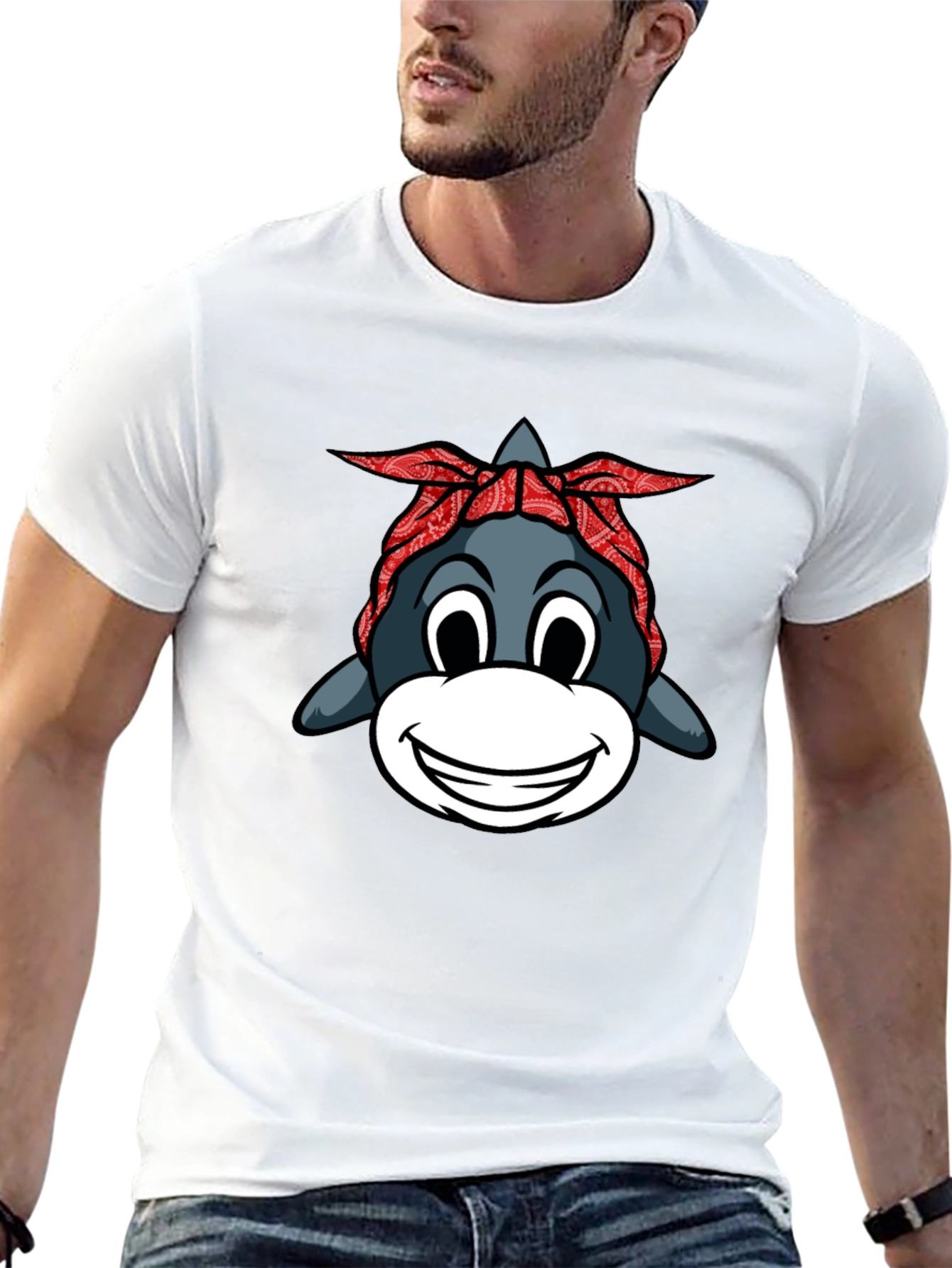 Black Funny Shark with Bandana Graphic T-Shirt view 13