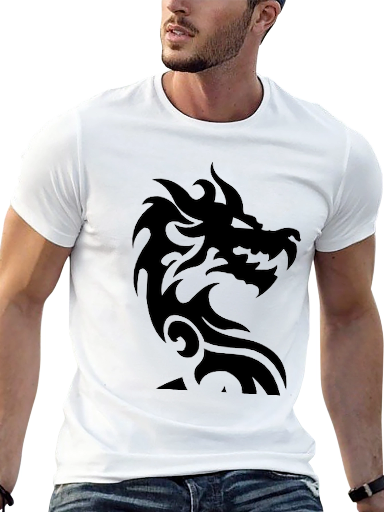 Black Men's Black T-Shirt with Dragon Graphic view 13