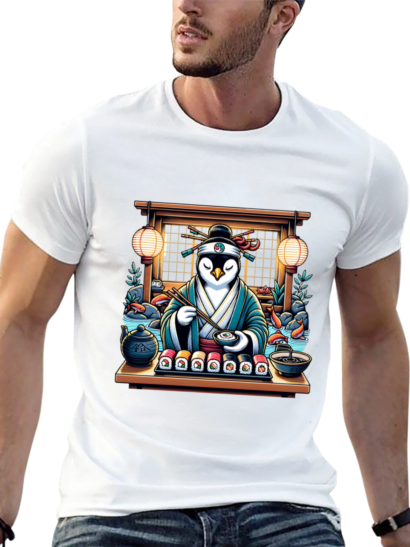 Black Sushi Chef Penguin T-Shirt view 13
