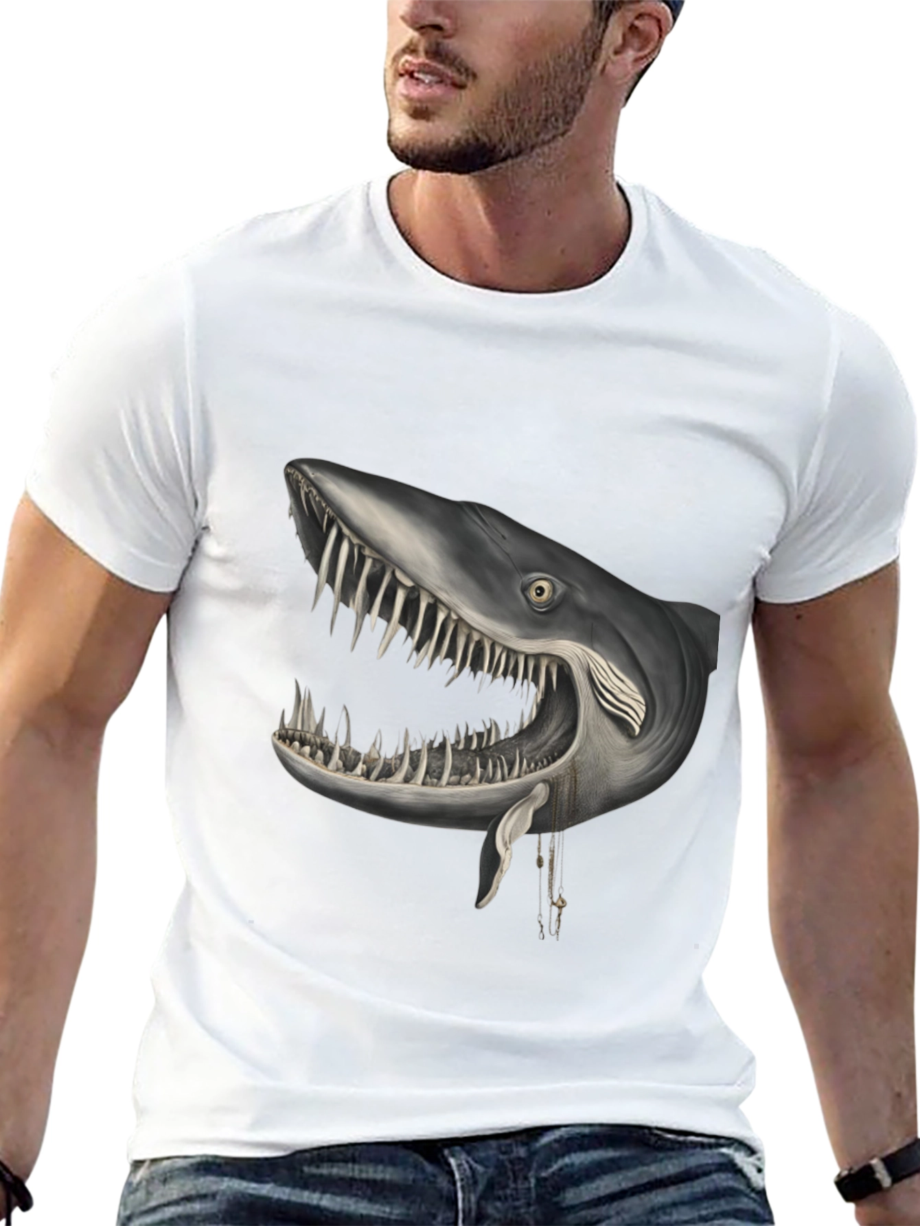 Black Shark Head Graphic Print Crew Neck T-Shirt view 13