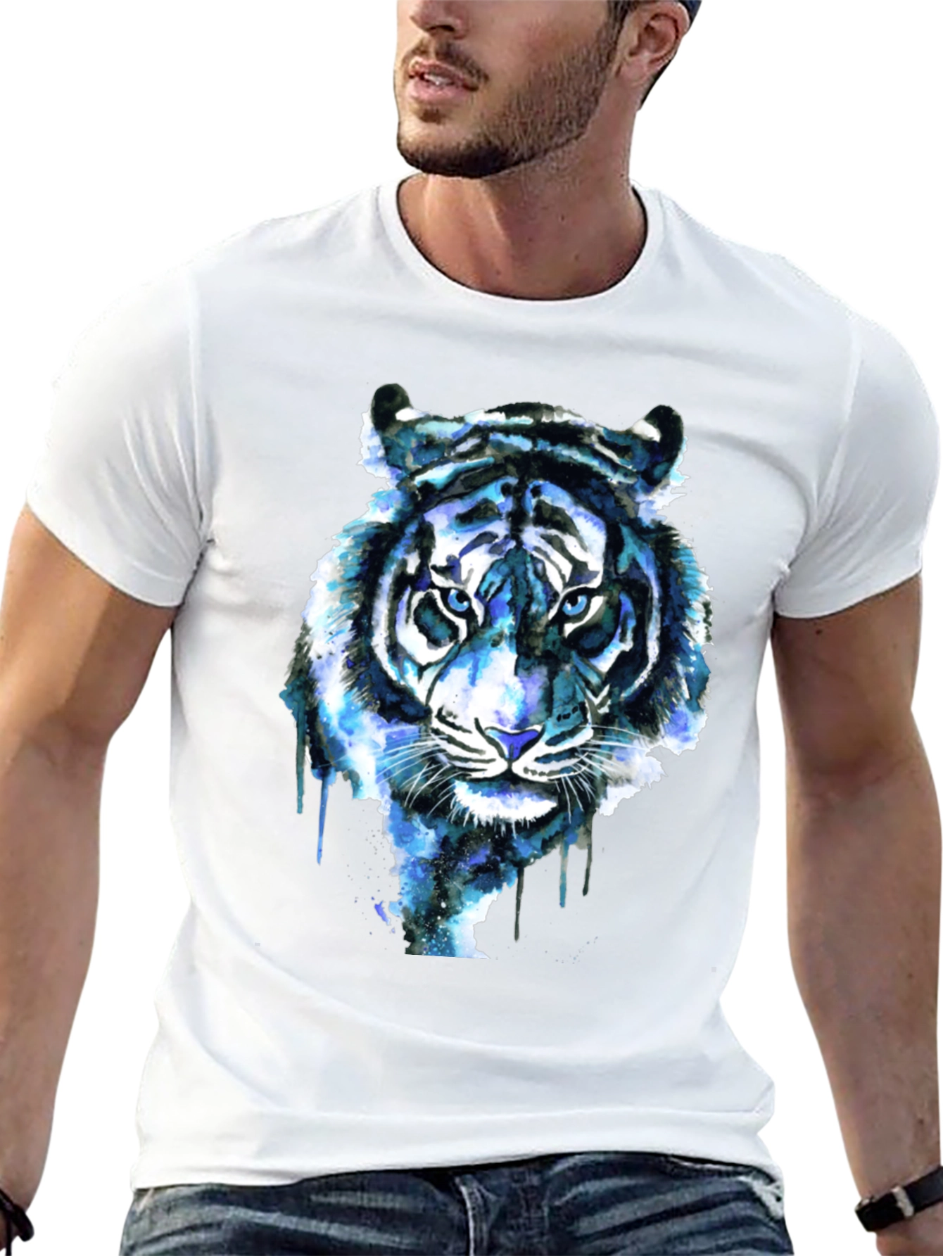 Black Blue Tiger Graphic Tee - Cool Watercolor Design view 13