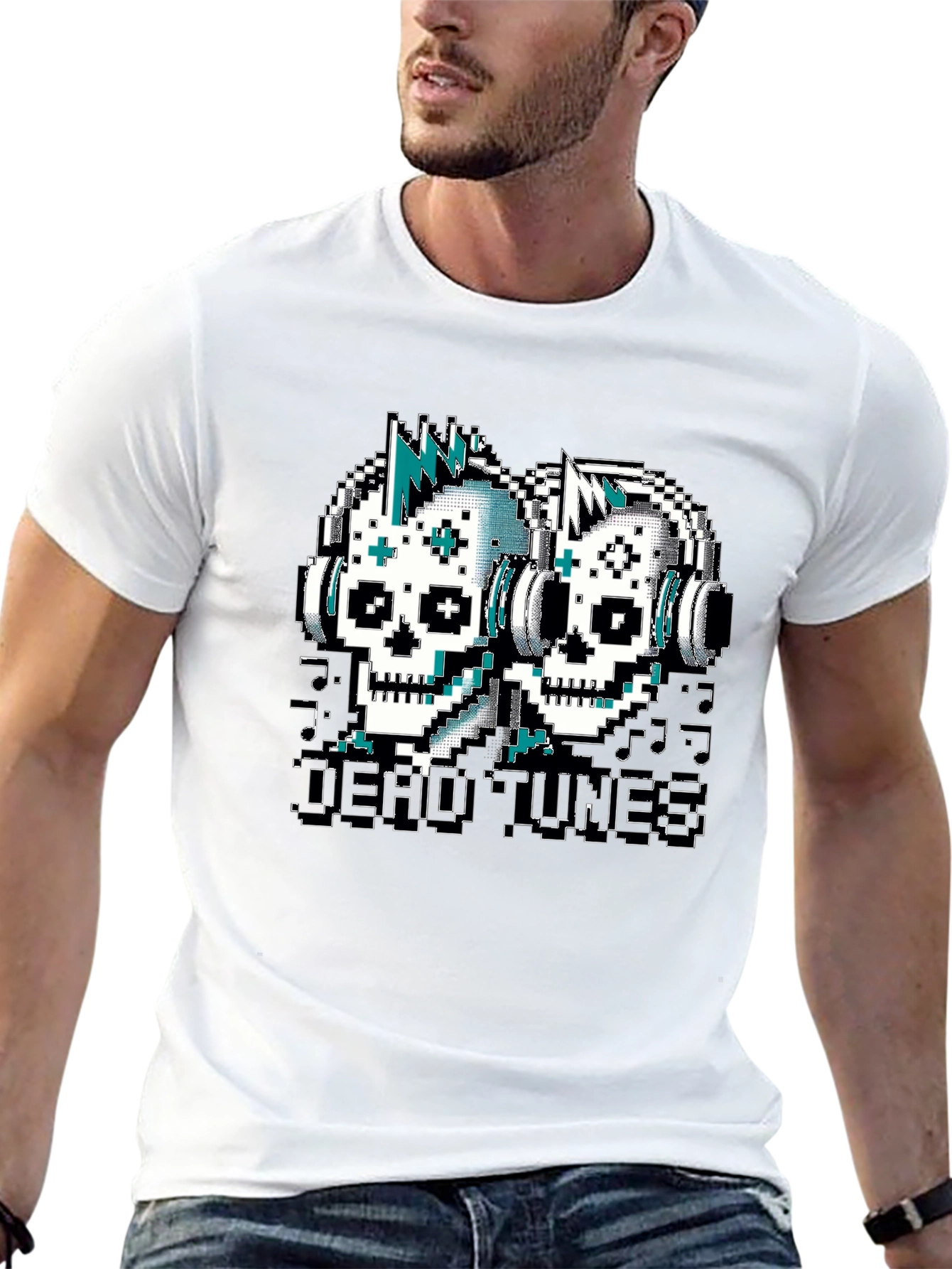 Black Dead Tunes Pixel Art Skull T-Shirt view 13