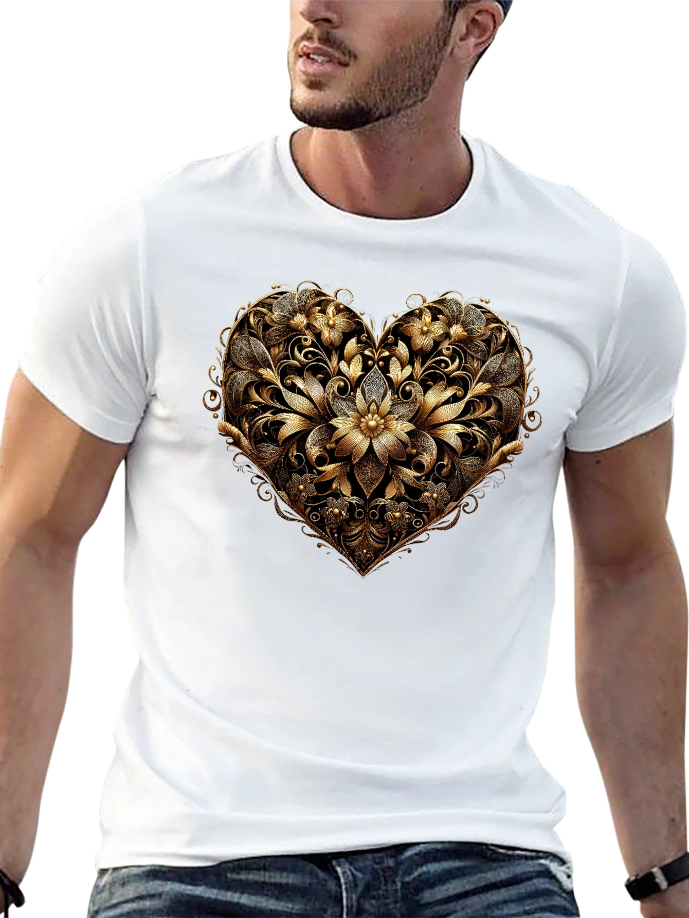 Black Golden Floral Heart Black T-Shirt view 13