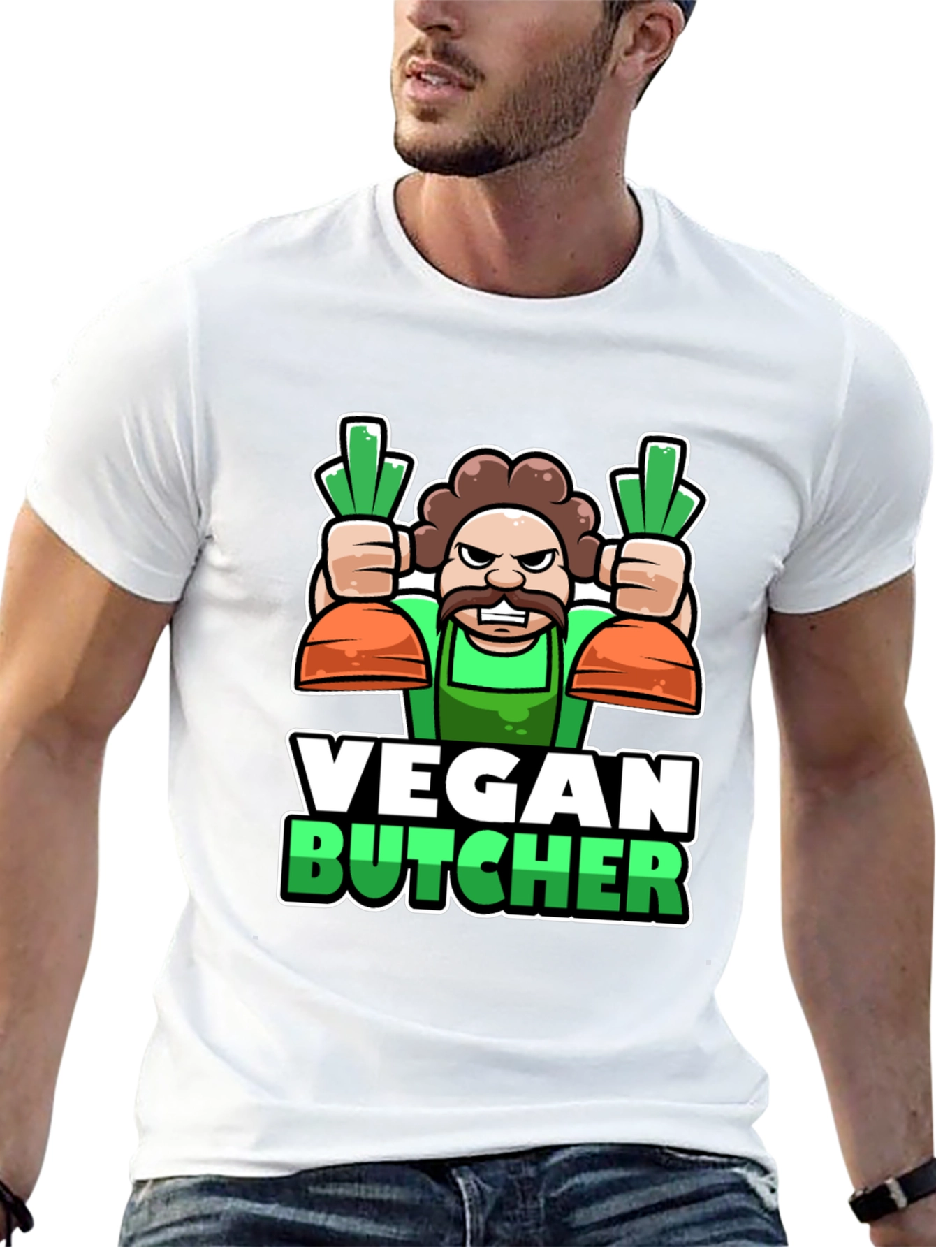 Black Vegan Butcher T-Shirt: Cartoon Carrot Design view 13