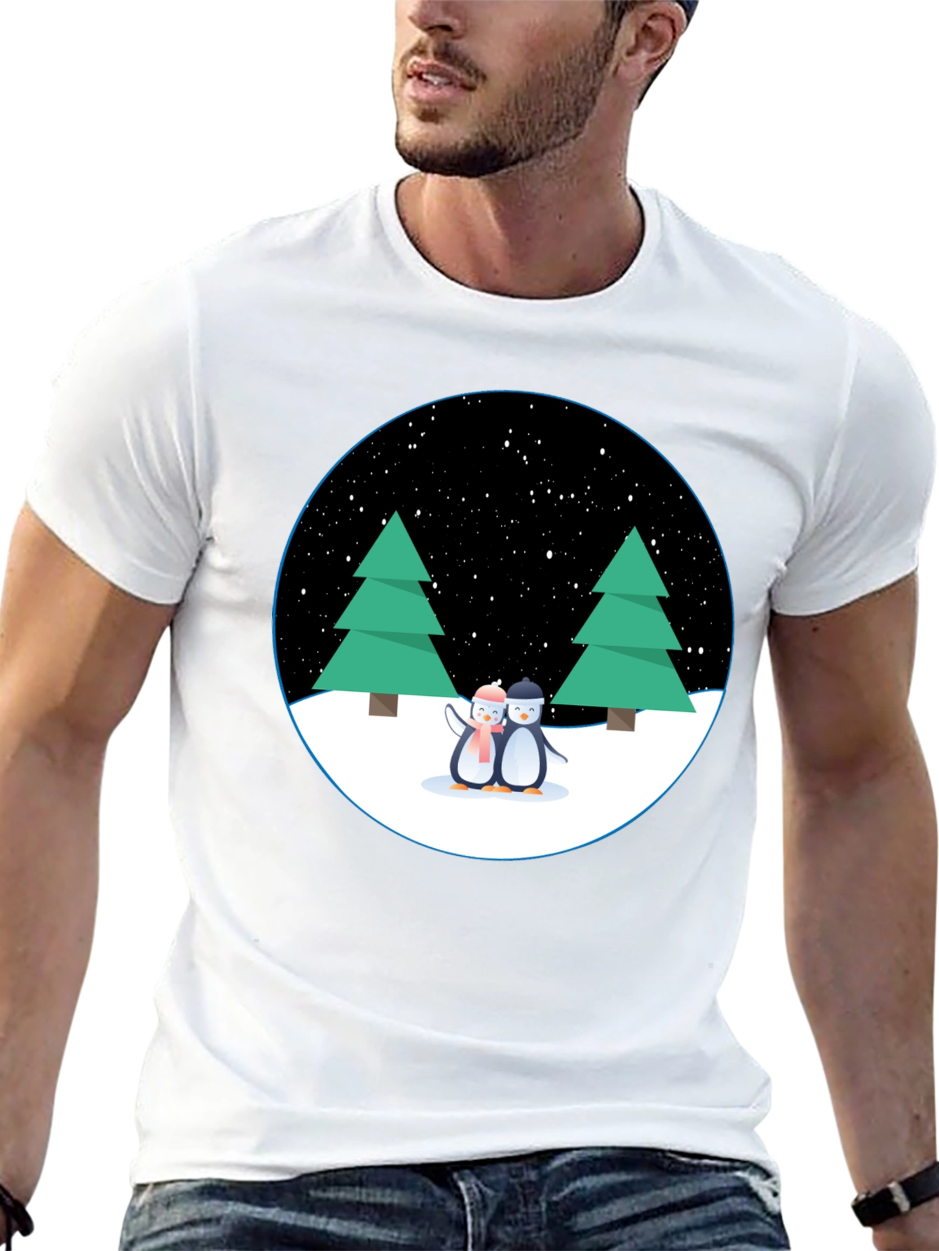 Black Penguin Winter Scene Black T-Shirt view 13